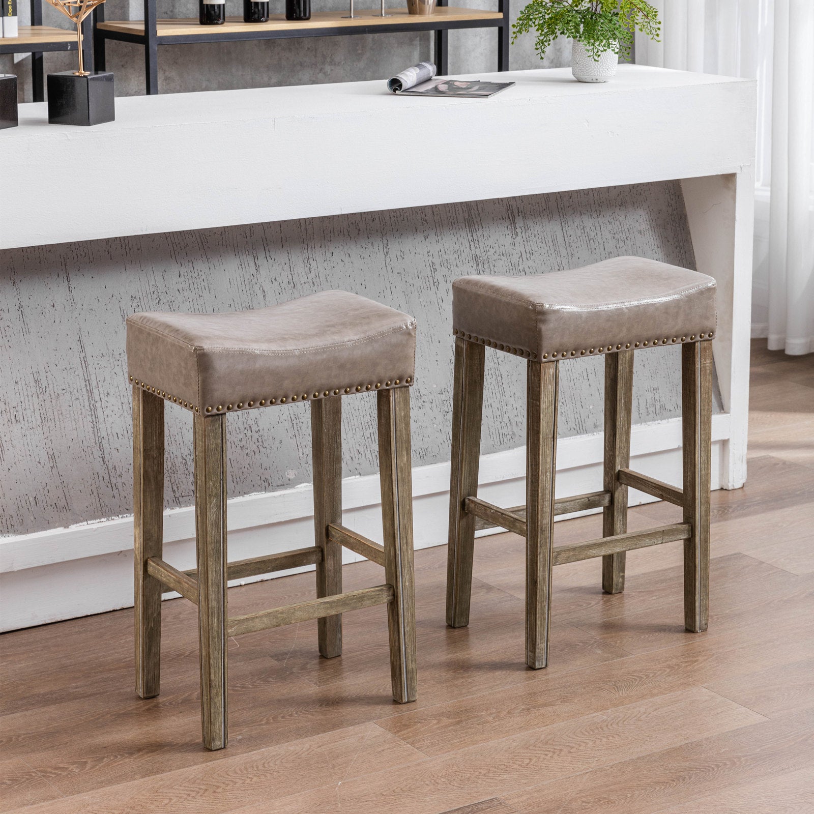 Counter Height 29" Bar Stools For Kitchen Counter Backless Faux Leather Stools Farmhouse Island Chairs 29 Inch, Gray, Set Of 2 Gray Foam Pu