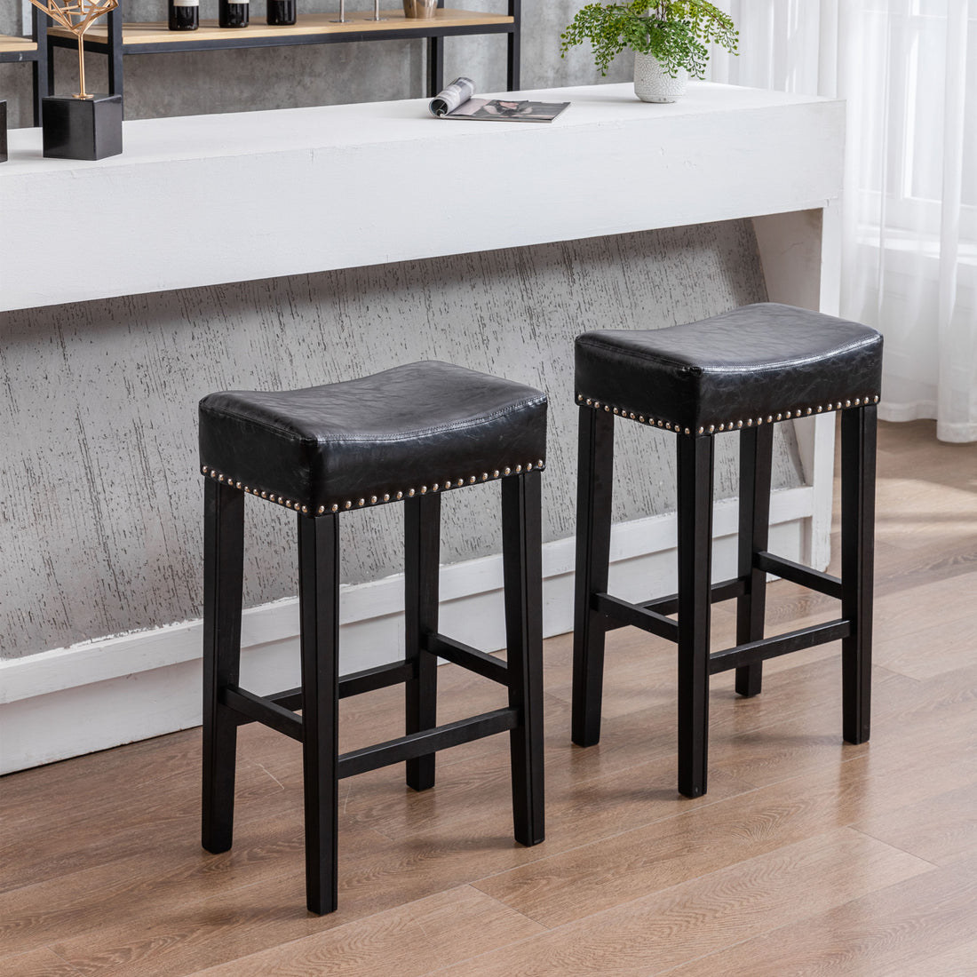 Counter Height 29" Bar Stools For Kitchen Counter Backless Faux Leather Stools Farmhouse Island Chairs 29 Inch, Black, Set Of 2 Black Foam Pu