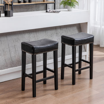 Counter Height 29" Bar Stools For Kitchen Counter Backless Faux Leather Stools Farmhouse Island Chairs 29 Inch, Black, Set Of 2 Black Foam Pu