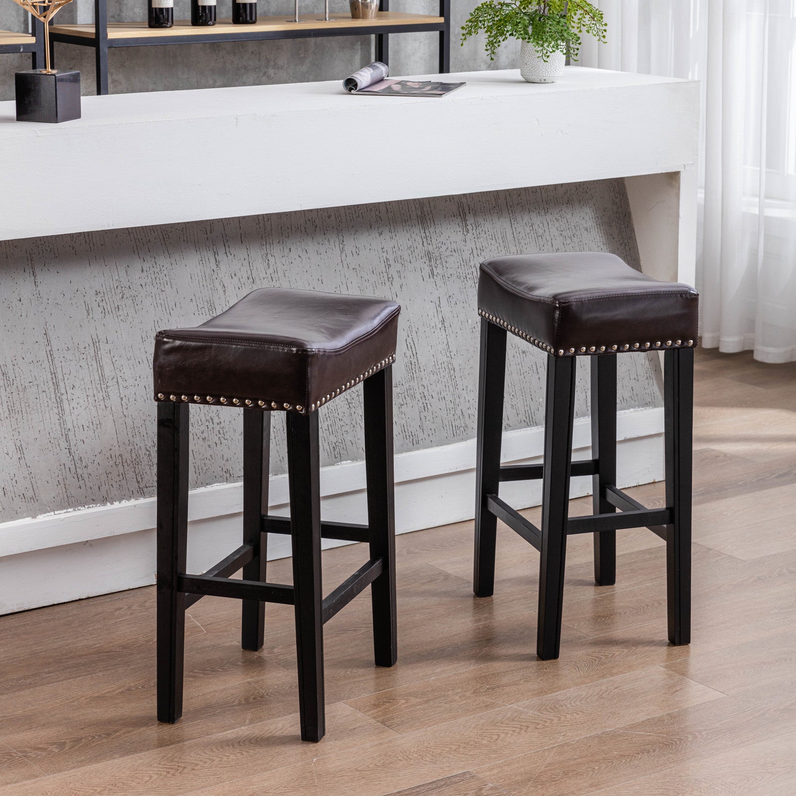 Counter Height 29" Bar Stools For Kitchen Counter Backless Faux Leather Stools Farmhouse Island Chairs,29 Inch, Brown, Set Of 2 Brown Foam Pu