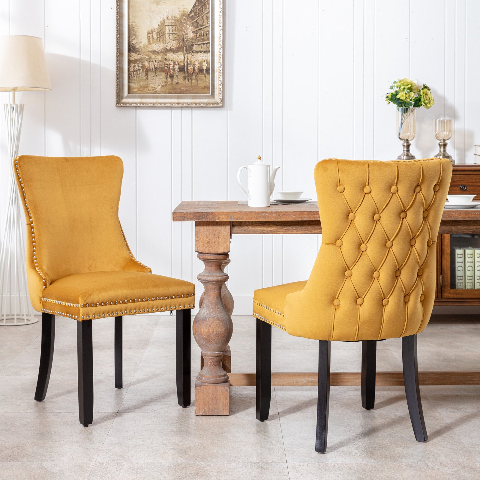 Upholstered Wing Back Dining Chair With Backstitching Trim And Solid Wood Legs,Set Of 2, Golden, Sw8809Gl Gold Dining Room American Design Rubberwood Foam Velvet