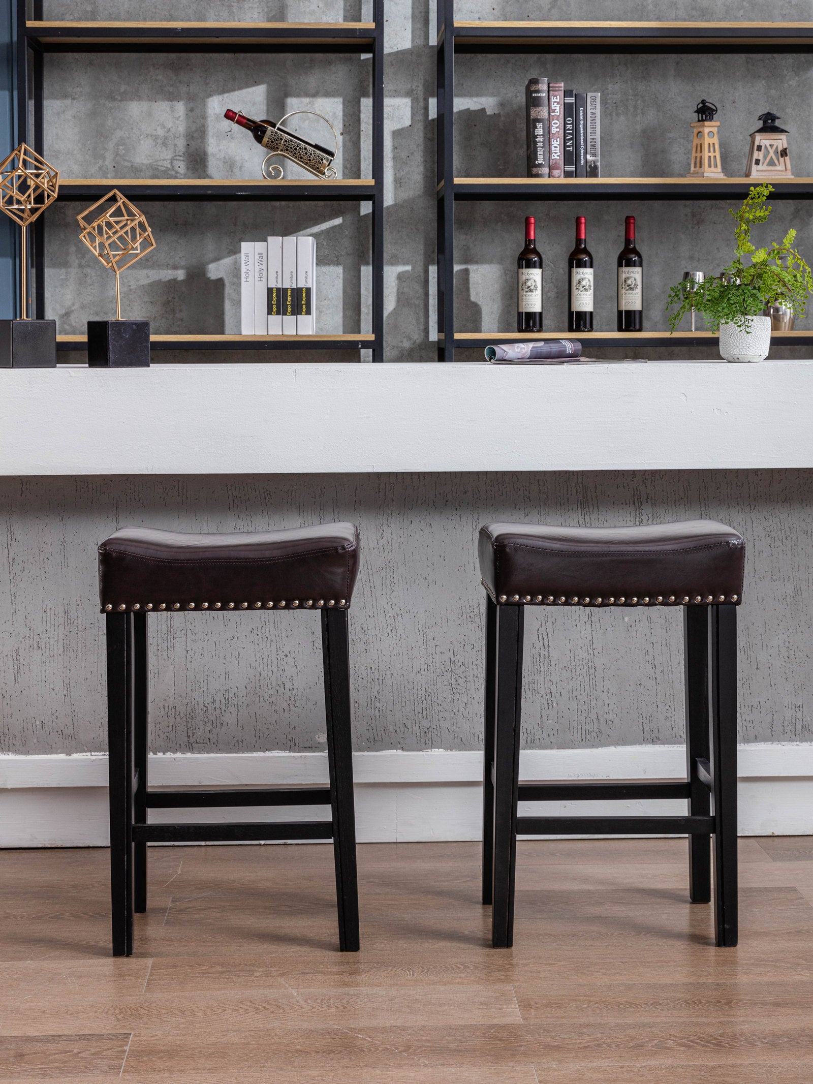 Counter Height 29" Bar Stools For Kitchen Counter Backless Faux Leather Stools Farmhouse Island Chairs,29 Inch, Brown, Set Of 2 Brown Foam Pu