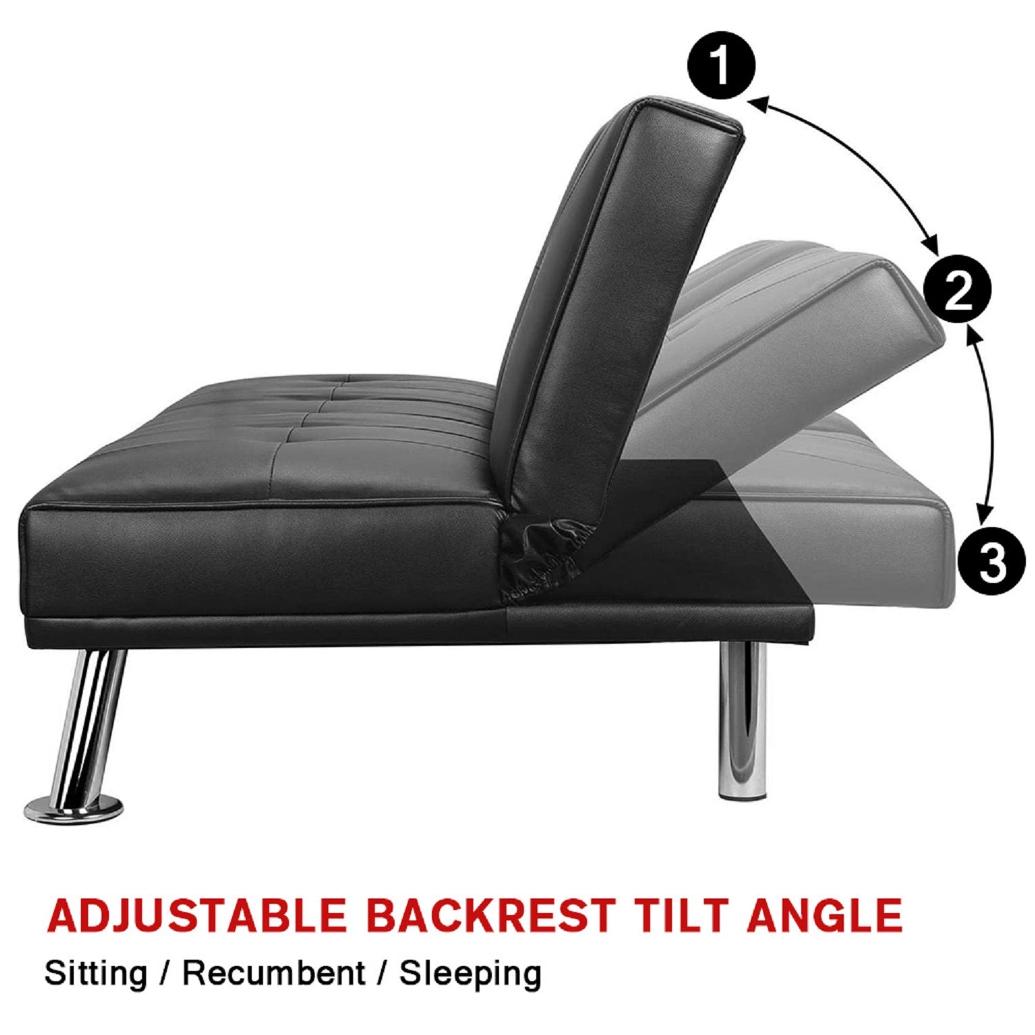 Mega Futon Sofa Bed, Modern Faux Leather Convertible Folding Lounge Sofa For Living Room With 2 Cup Holders Removable Soft Armrests And Sturdy Metal Legs, Charming Black. Black Foam Pu