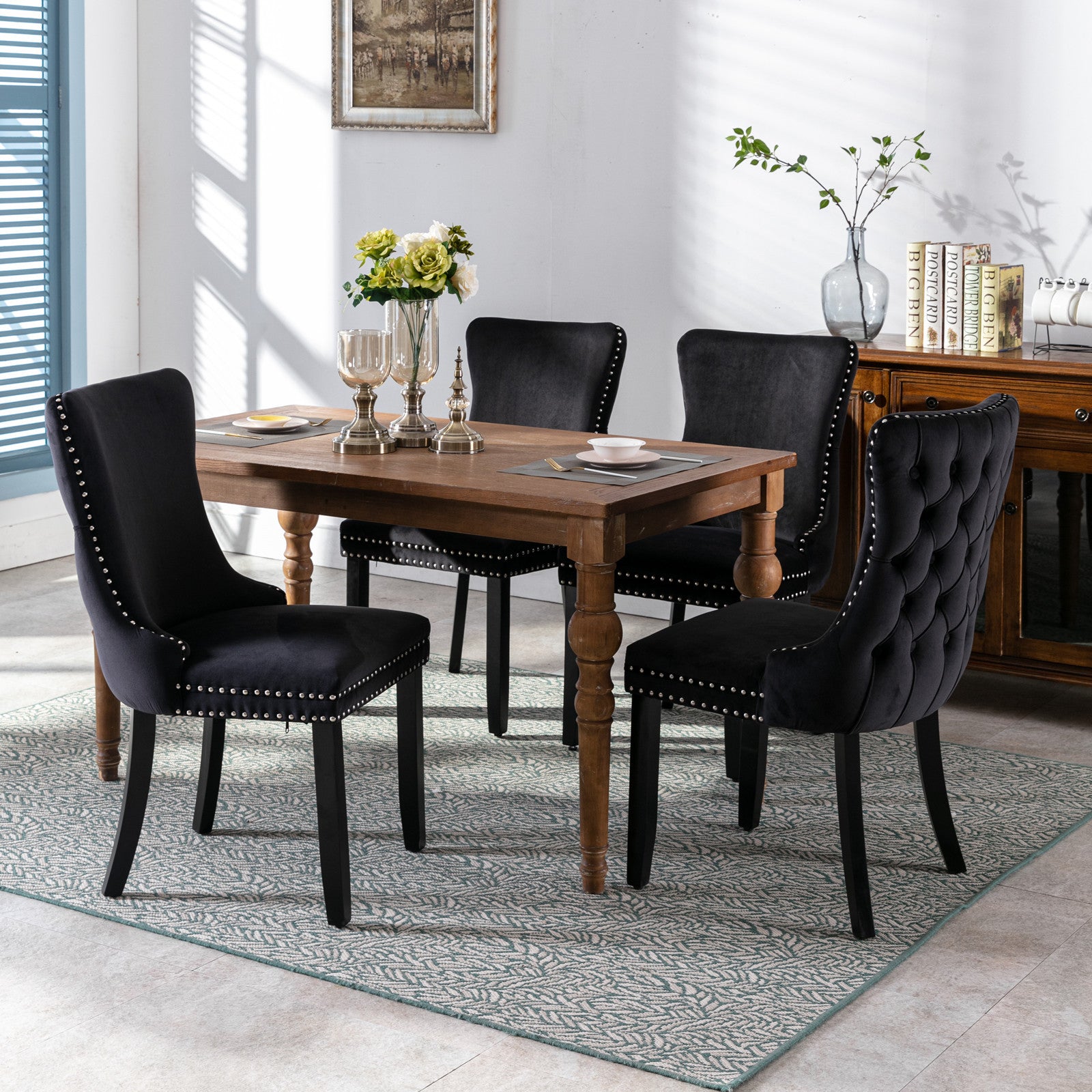 Upholstered Wing Back Dining Chair With Backstitching Trim And Solid Wood Legs,Set Of 2, Black,Sw8809Bk, Kd Black Dining Room American Design Foam Velvet