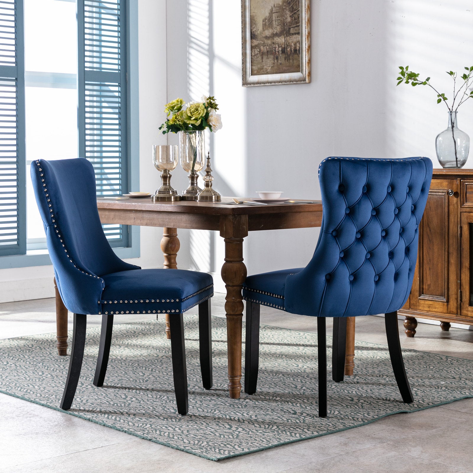 Upholstered Wing Back Dining Chair With Backstitching Trim And Solid Wood Legs,Set Of 2, Blue,Sw8809Bl, Kd Blue Dining Room American Design Rubberwood Foam Velvet