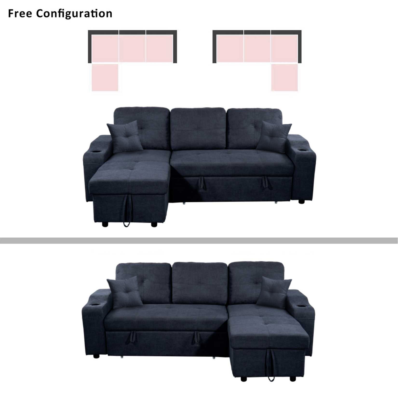 Right facing sectional sofa with footrest, convertible gray-foam-fabric