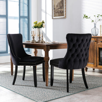 Upholstered Wing Back Dining Chair With Backstitching Trim And Solid Wood Legs,Set Of 2, Black,Sw8809Bk, Kd Black Dining Room American Design Foam Velvet