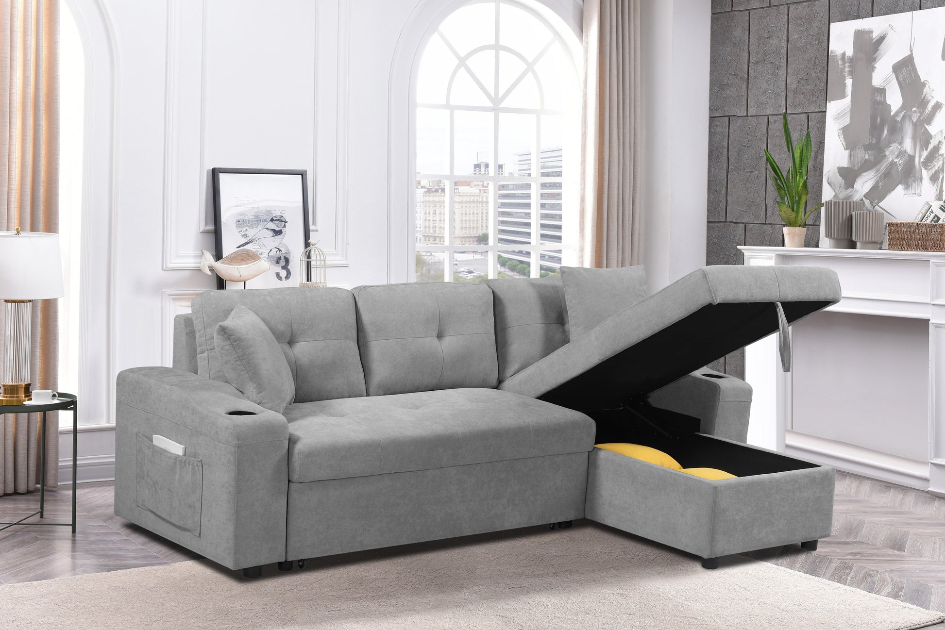 Mega Convertible Corner Sofa With Armrest Storage, Living Room And Apartment Sectional Sofa, Right Chaise Longue And Grey Grey Foam Fabric