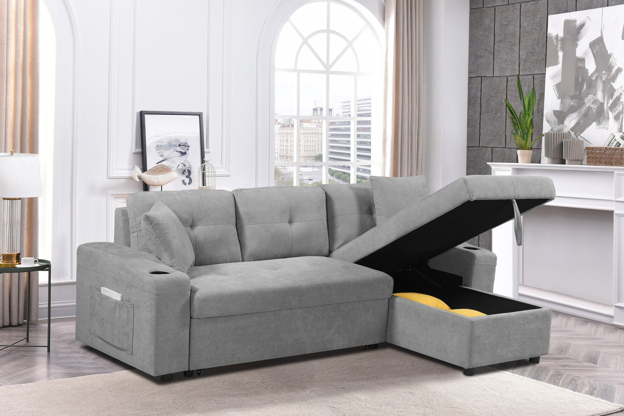 MEGA convertible corner sofa with armrest storage grey-foam-fabric