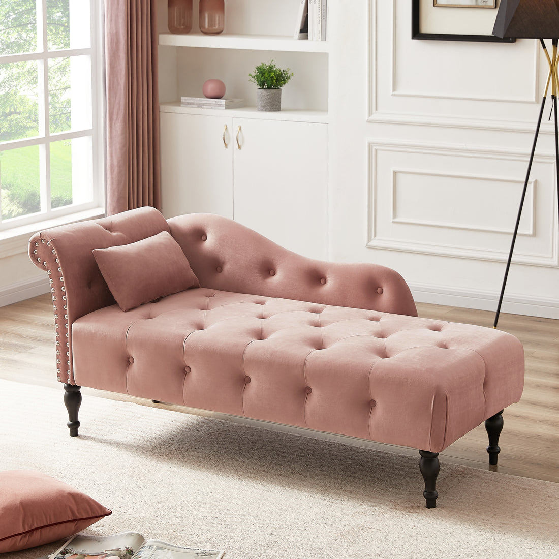 Aijia 60.6" Velvet Chaise Lounge Buttons Tufted Trimmed Solid Wood Legs With 1 Pillow,Rose Left Arm Design As Shown In The Picture Rose Velvet