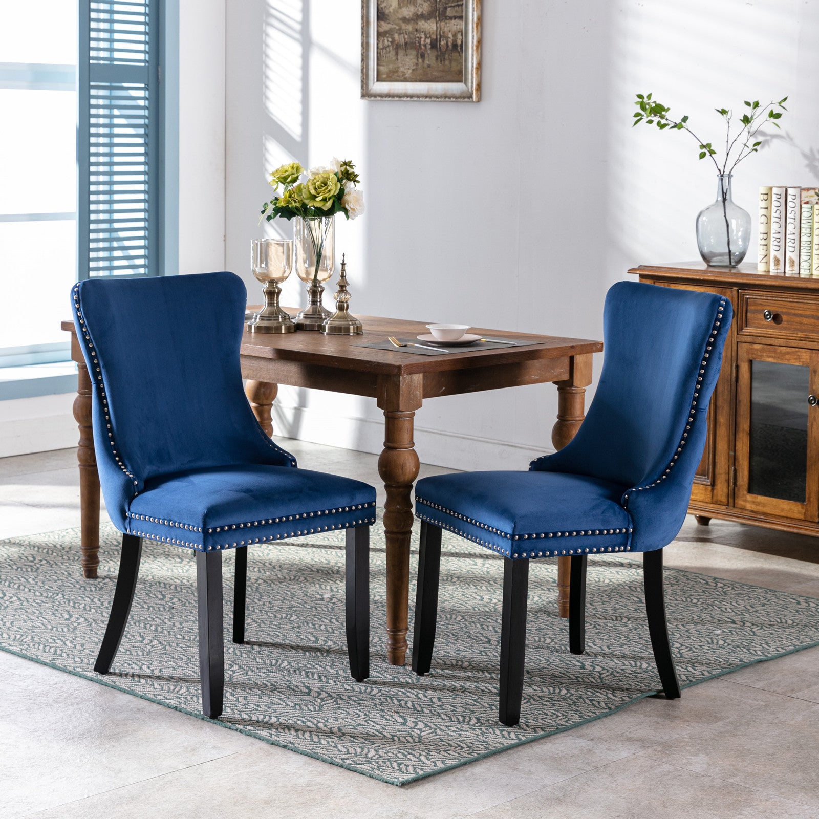 Upholstered Wing Back Dining Chair With Backstitching Trim And Solid Wood Legs,Set Of 2, Blue,Sw8809Bl, Kd Blue Dining Room American Design Rubberwood Foam Velvet