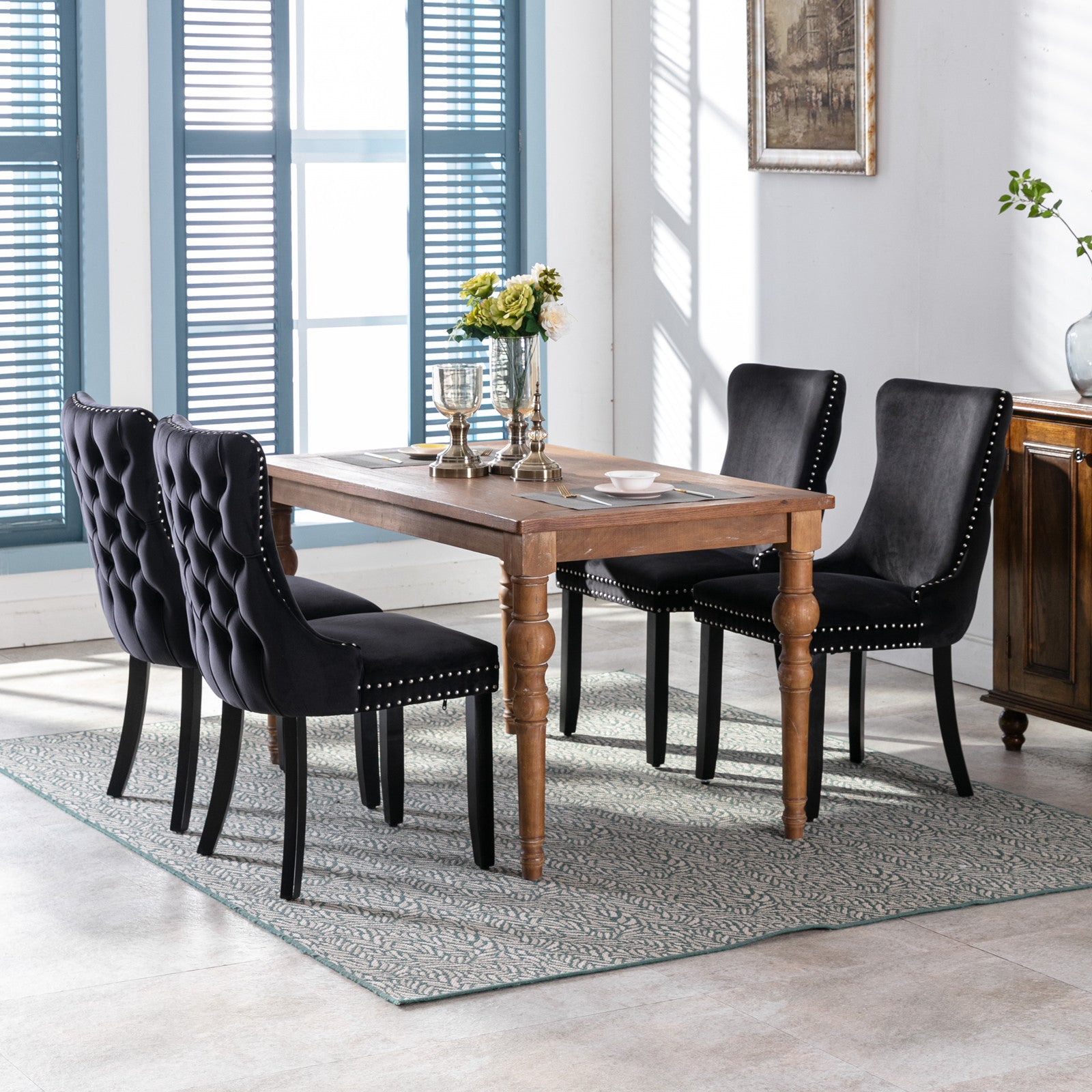 Upholstered Wing Back Dining Chair With Backstitching Trim And Solid Wood Legs,Set Of 2, Black,Sw8809Bk, Kd Black Dining Room American Design Foam Velvet