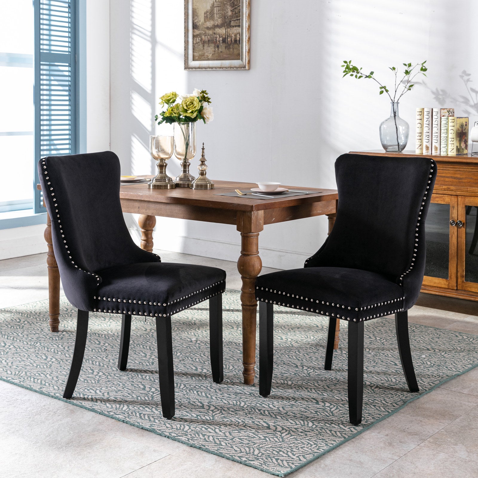 Upholstered Wing Back Dining Chair With Backstitching Trim And Solid Wood Legs,Set Of 2, Black,Sw8809Bk, Kd Black Dining Room American Design Foam Velvet