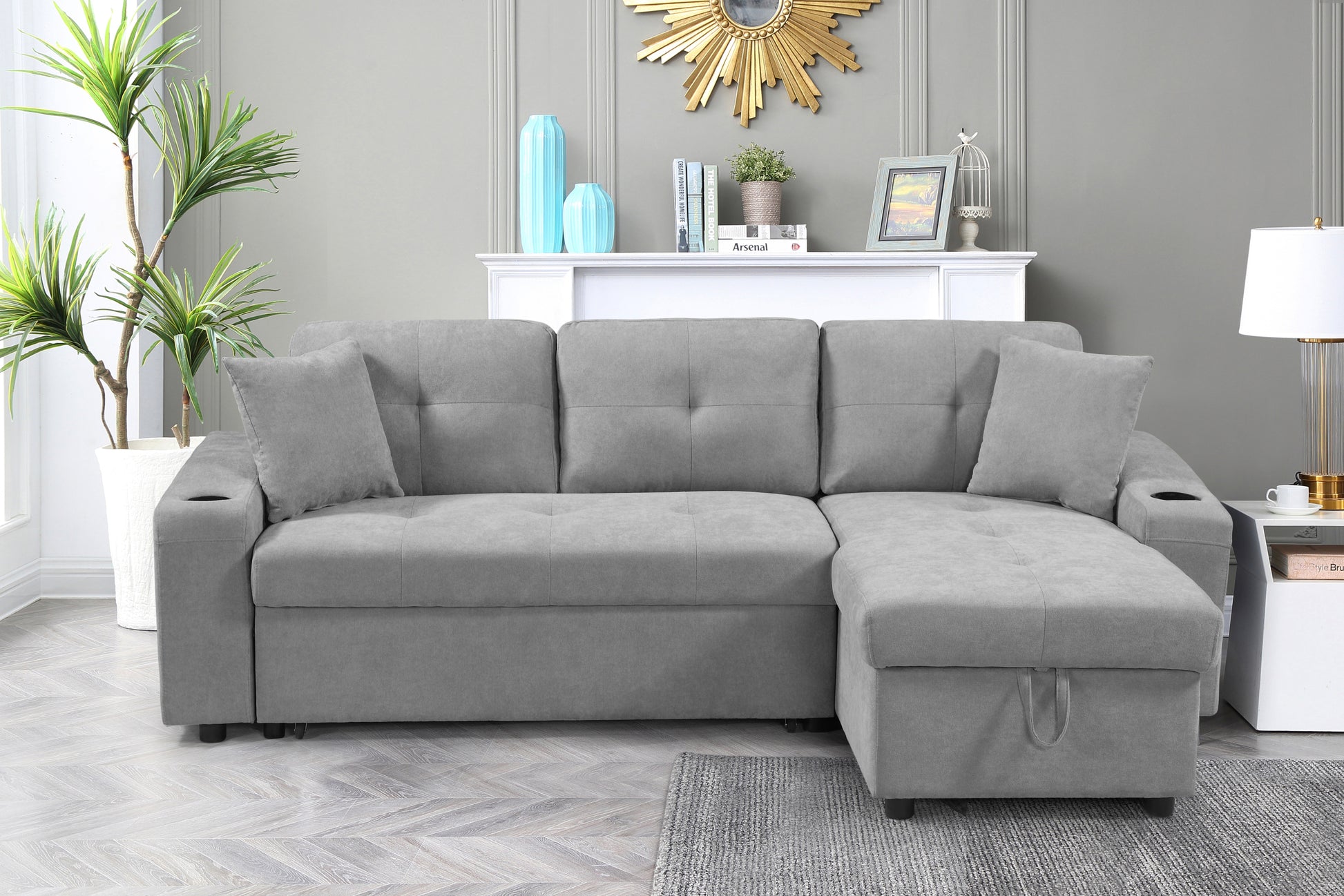 Mega Convertible Corner Sofa With Armrest Storage, Living Room And Apartment Sectional Sofa, Right Chaise Longue And Grey Grey Foam Fabric