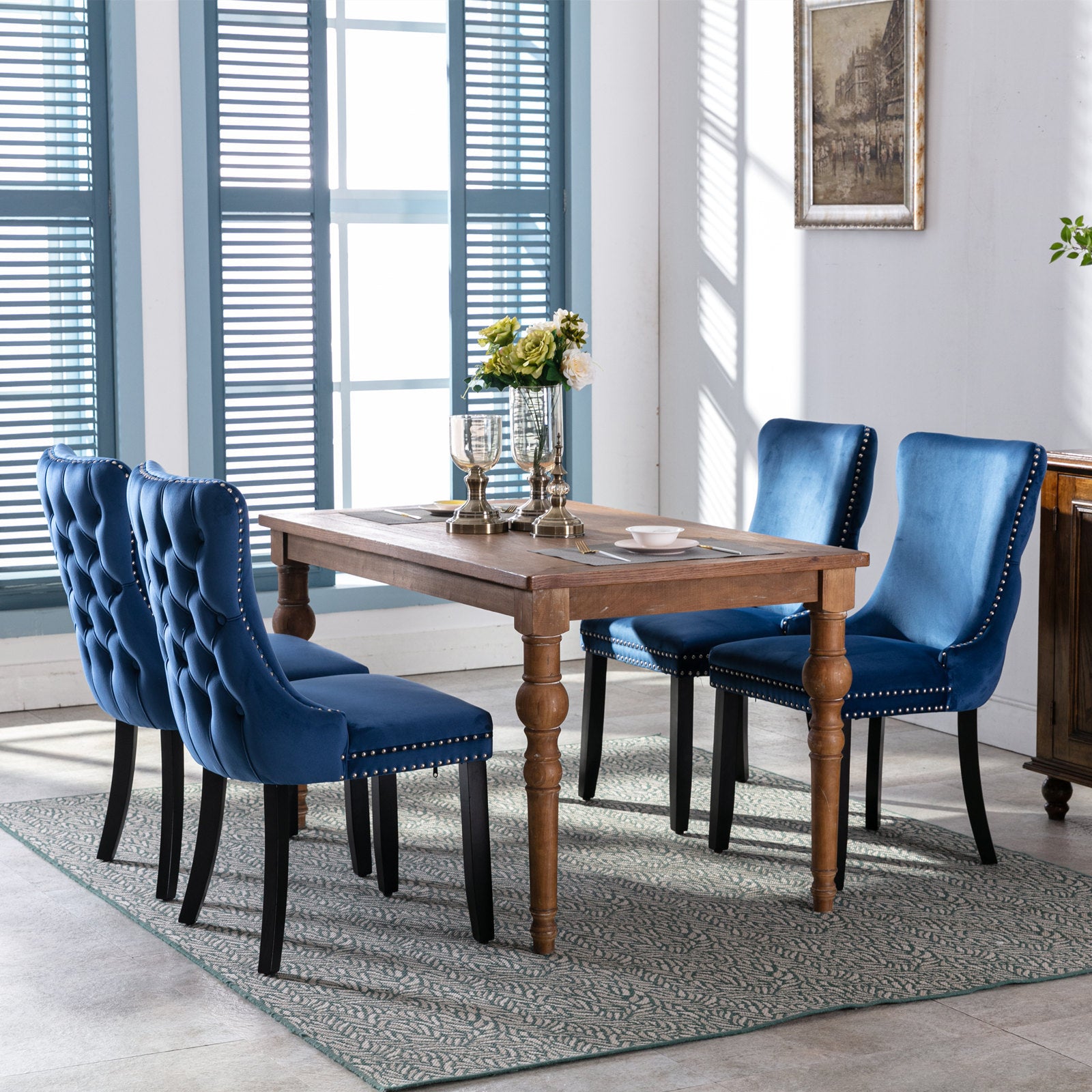 Upholstered Wing Back Dining Chair With Backstitching Trim And Solid Wood Legs,Set Of 2, Blue,Sw8809Bl, Kd Blue Dining Room American Design Rubberwood Foam Velvet