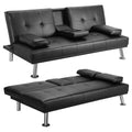 Mega Futon Sofa Bed, Modern Faux Leather Convertible Folding Lounge Sofa For Living Room With 2 Cup Holders Removable Soft Armrests And Sturdy Metal Legs, Charming Black. Black Foam Pu