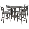 5 Piece Wooden Counter Height Dining Set With Padded Chairs And Storage Shelving Gray Gray Solid Wood