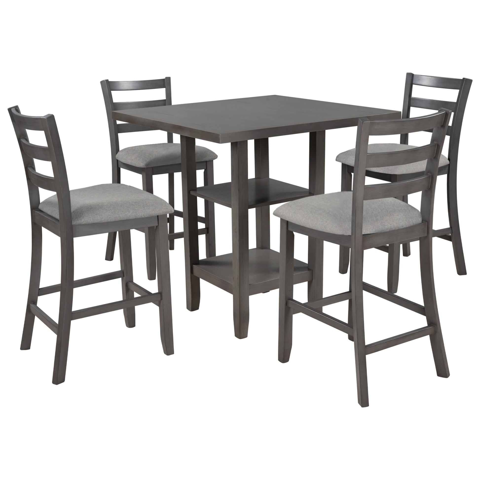 5 Piece Wooden Counter Height Dining Set With Padded Chairs And Storage Shelving Gray Gray Solid Wood