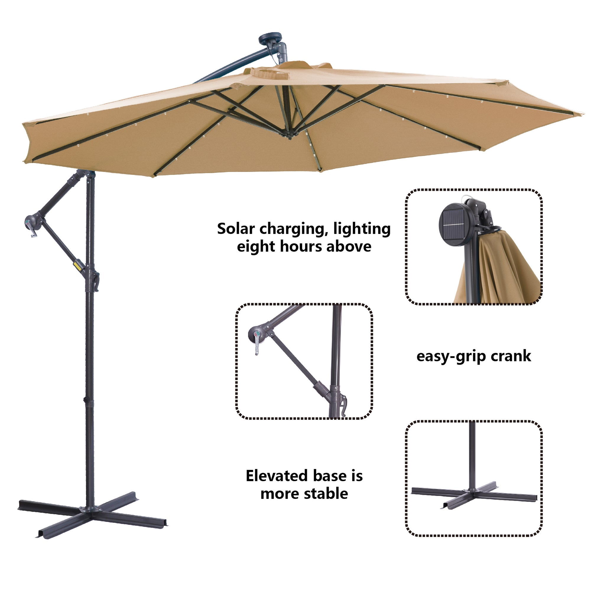 10 FT Solar LED Patio Outdoor Umbrella Hanging taupe-metal