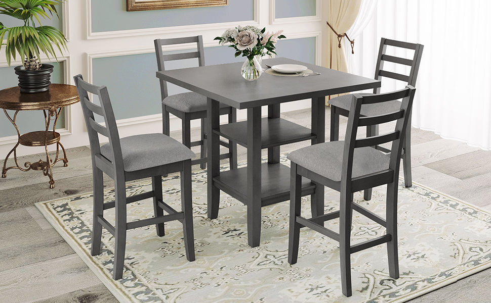 5 Piece Wooden Counter Height Dining Set With Padded Chairs And Storage Shelving Gray Gray Solid Wood