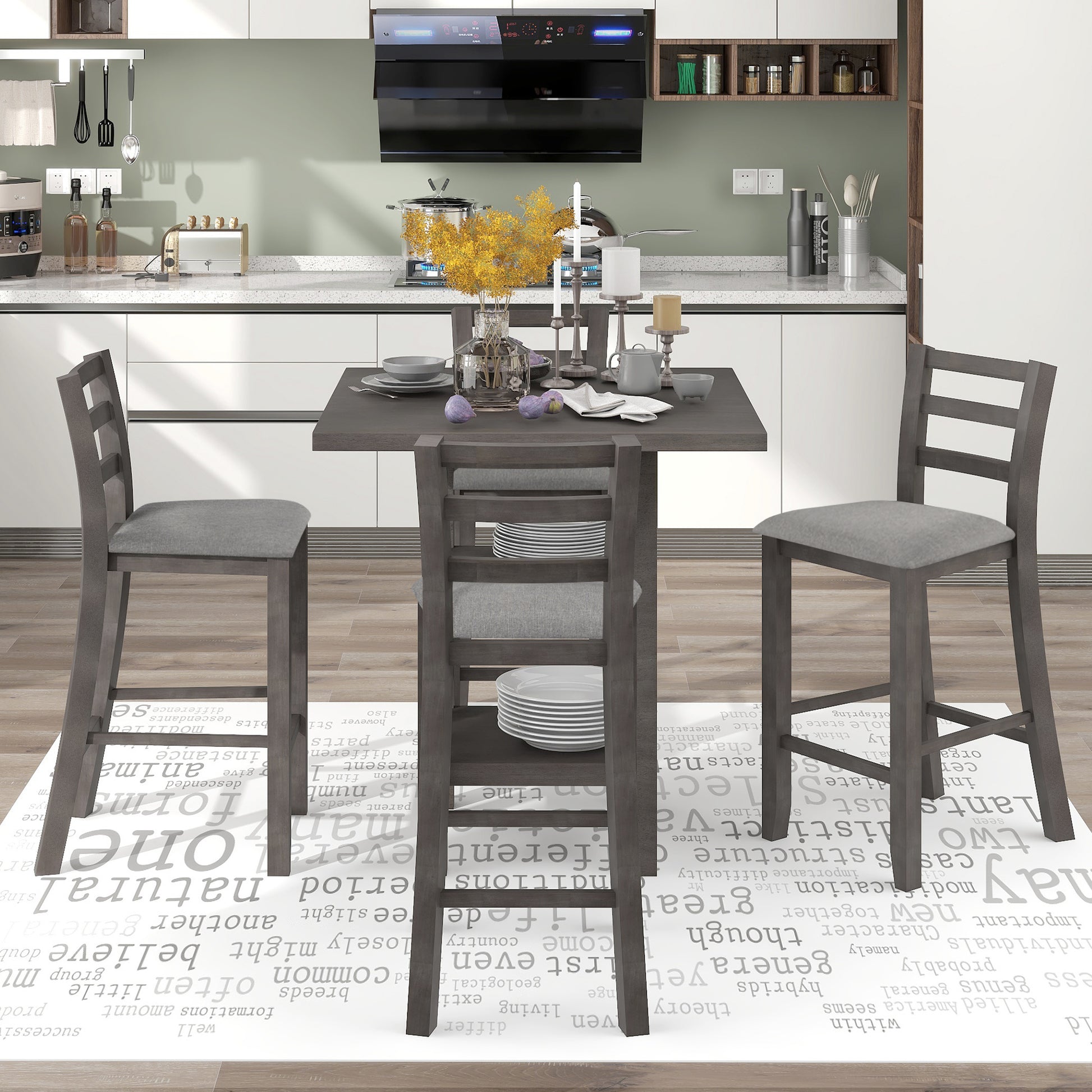 5 Piece Wooden Counter Height Dining Set With Padded Chairs And Storage Shelving Gray Gray Solid Wood