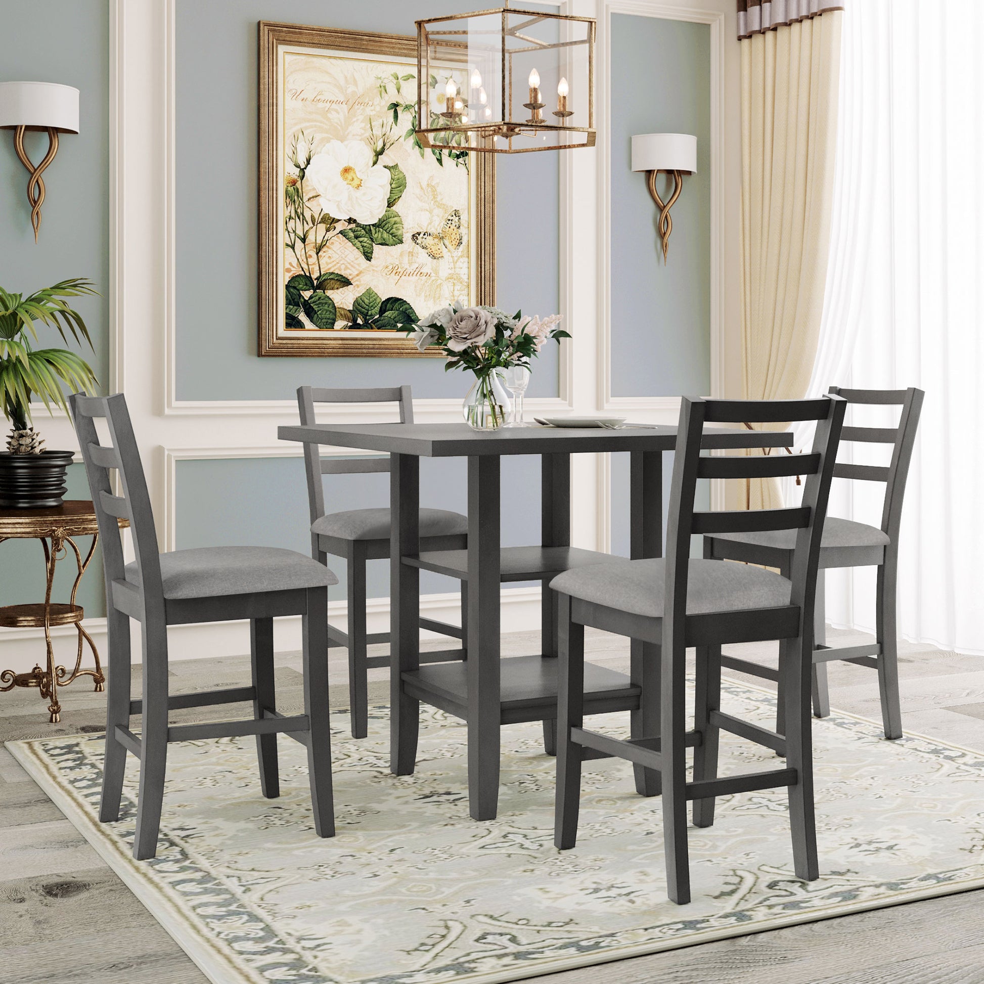 5 Piece Wooden Counter Height Dining Set With Padded Chairs And Storage Shelving Gray Gray Solid Wood