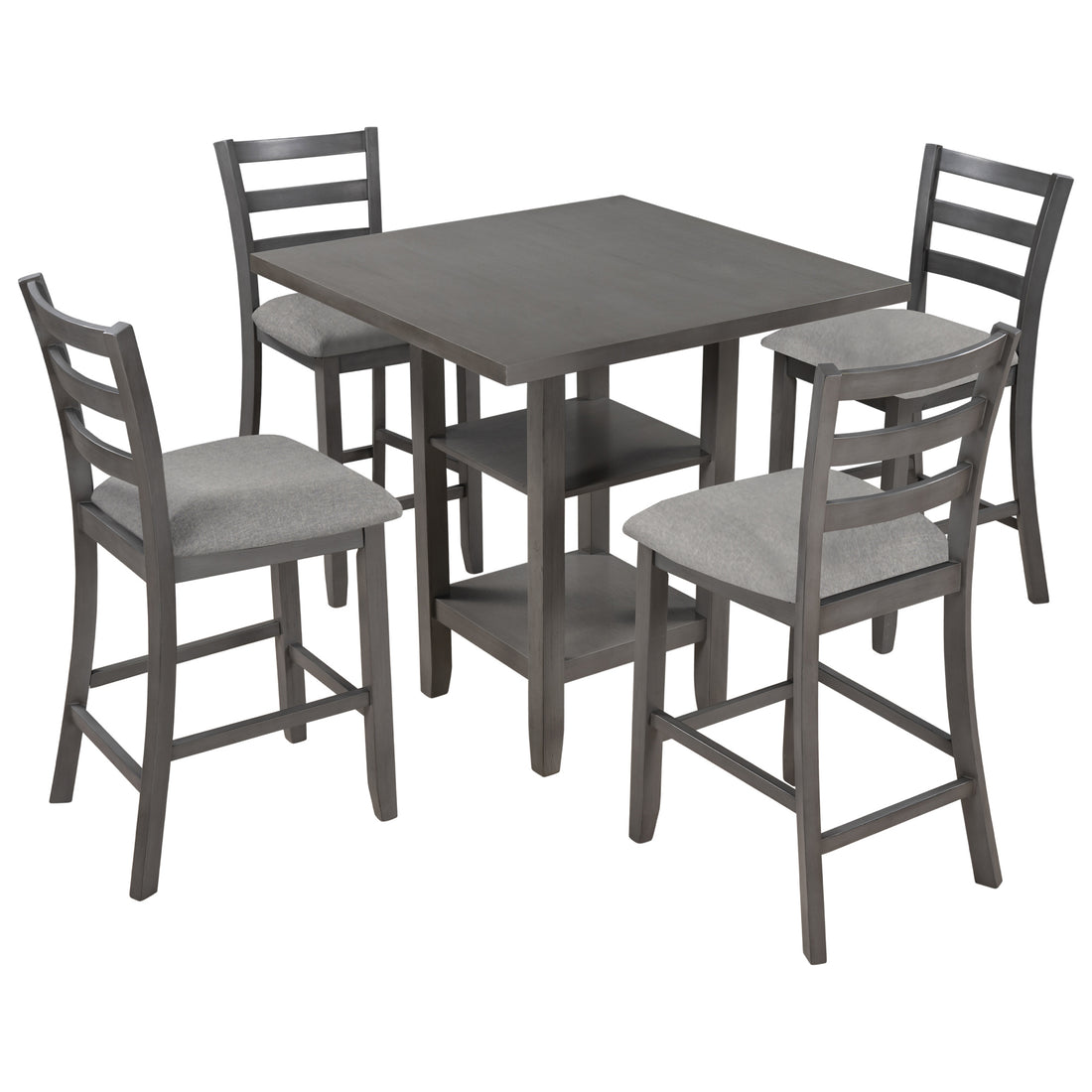 5 Piece Wooden Counter Height Dining Set With Padded Chairs And Storage Shelving Gray Gray Solid Wood