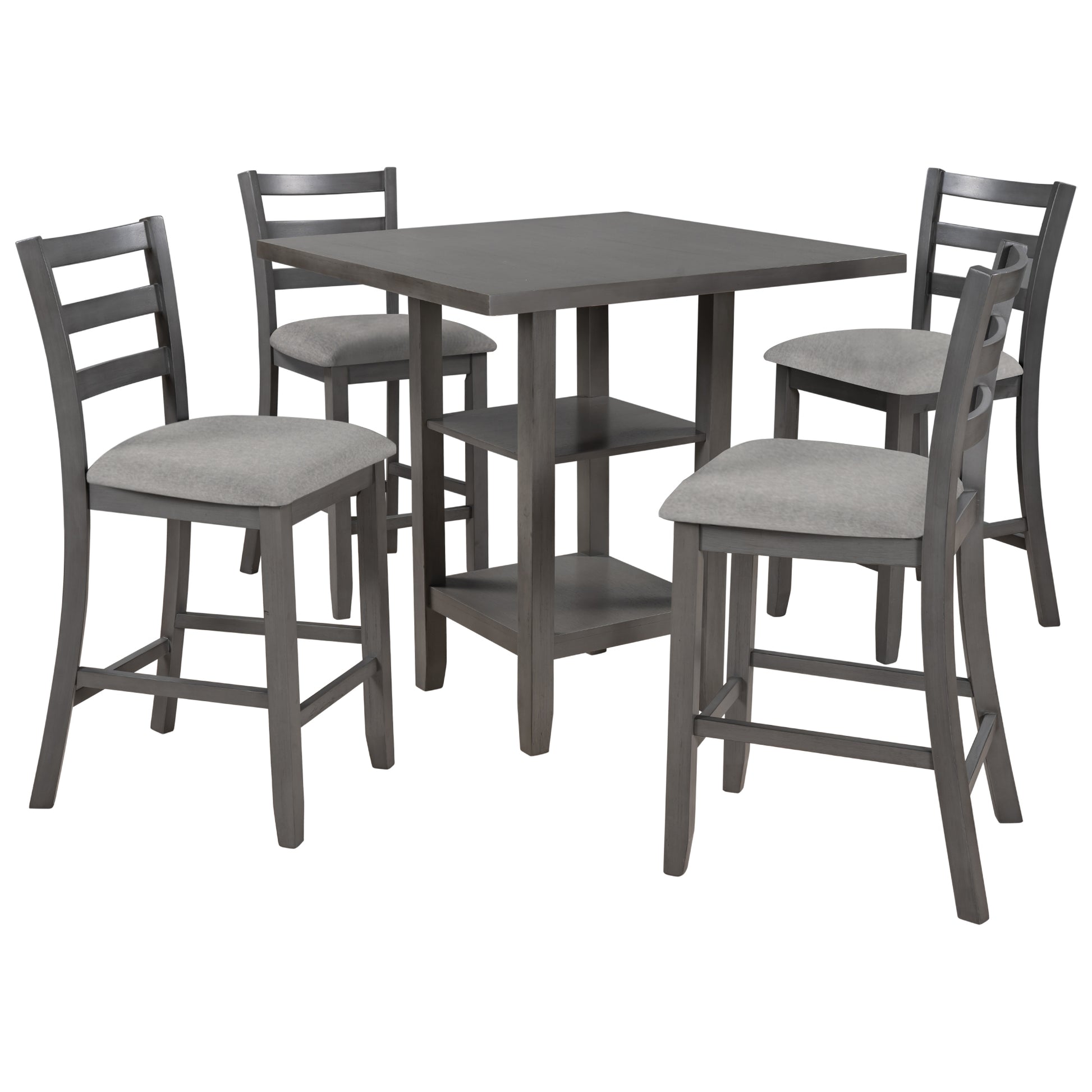 5 Piece Wooden Counter Height Dining Set With Padded Chairs And Storage Shelving Gray Gray Solid Wood