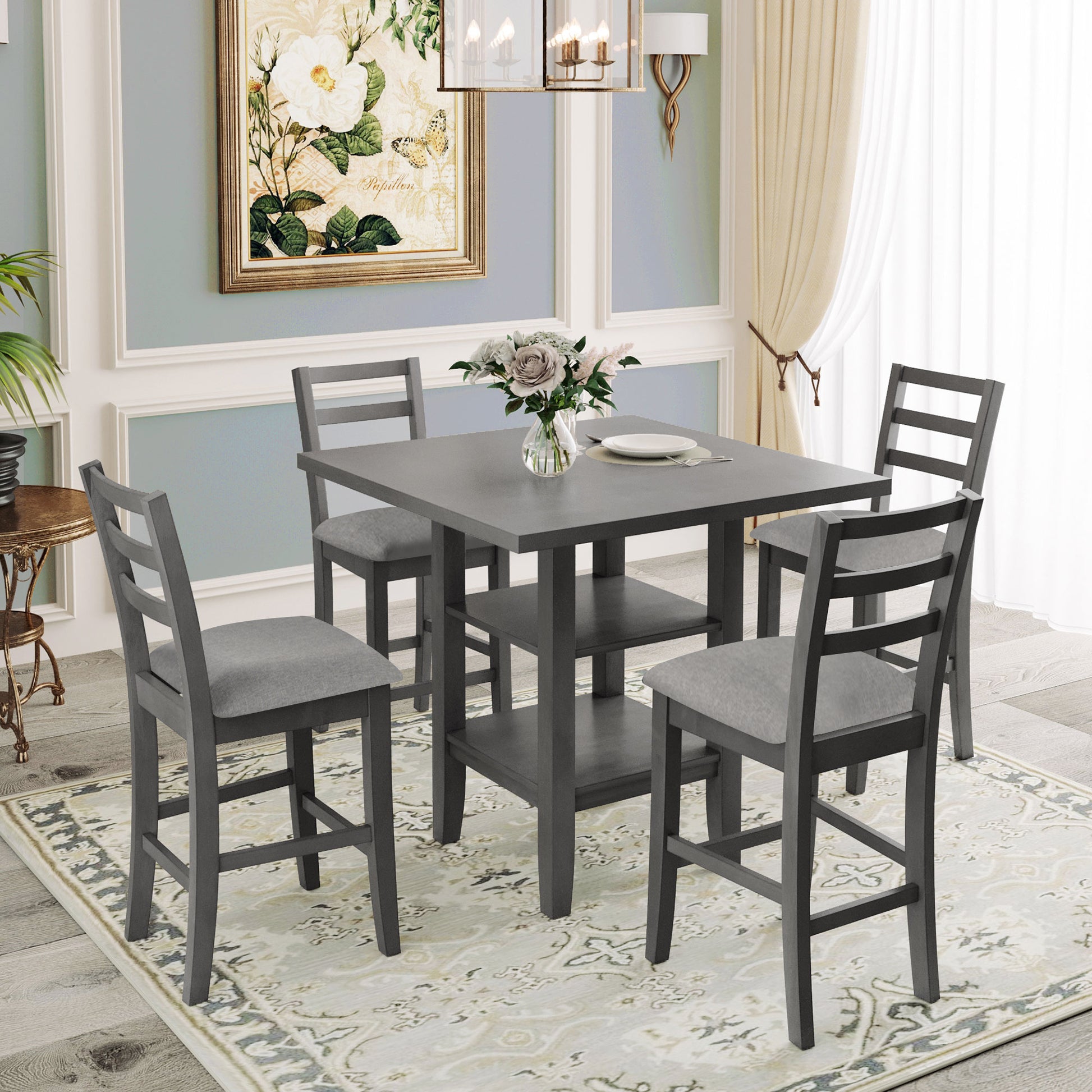 5 Piece Wooden Counter Height Dining Set With Padded Chairs And Storage Shelving Gray Gray Solid Wood