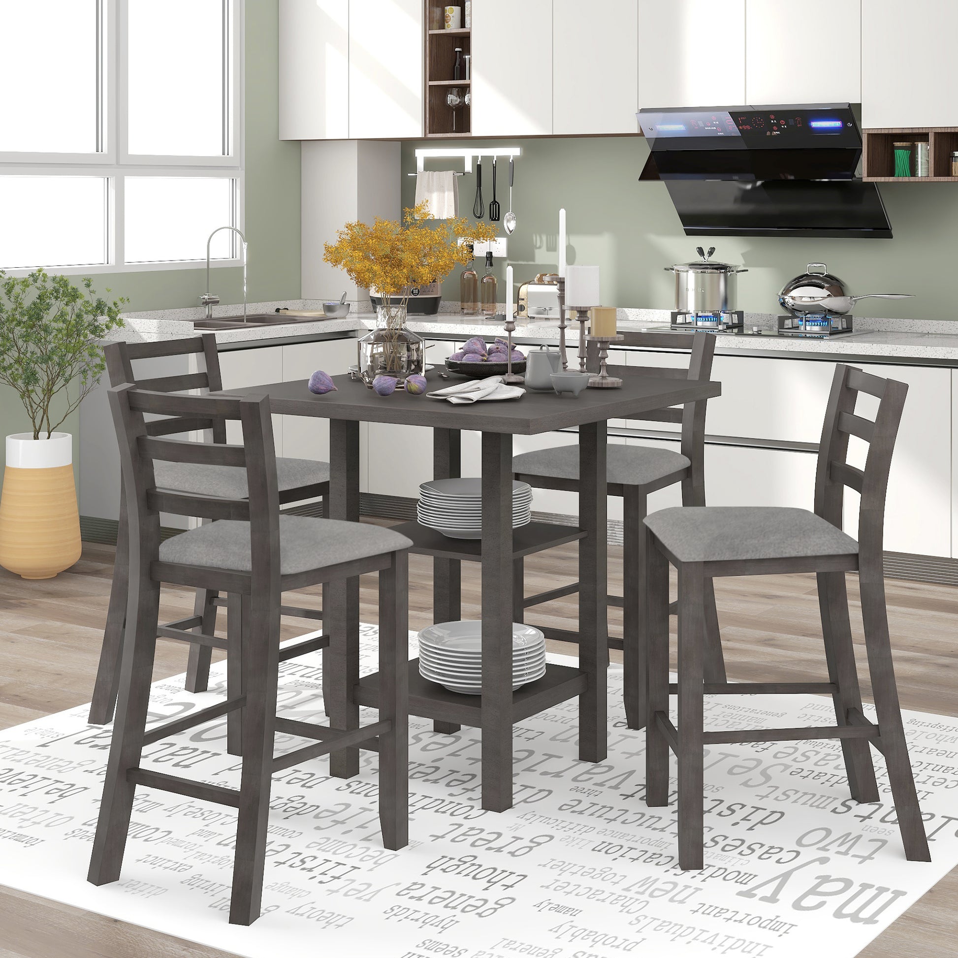 5 Piece Wooden Counter Height Dining Set With Padded Chairs And Storage Shelving Gray Gray Solid Wood