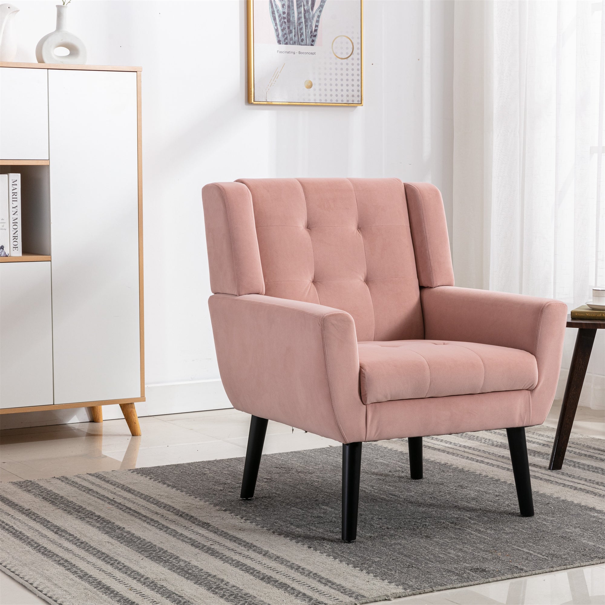 Modern Soft Velvet Material Ergonomics Accent Chair Living Room Chair Bedroom Chair Home Chair With Black Legs For Indoor Home Pink Foam Upholstered