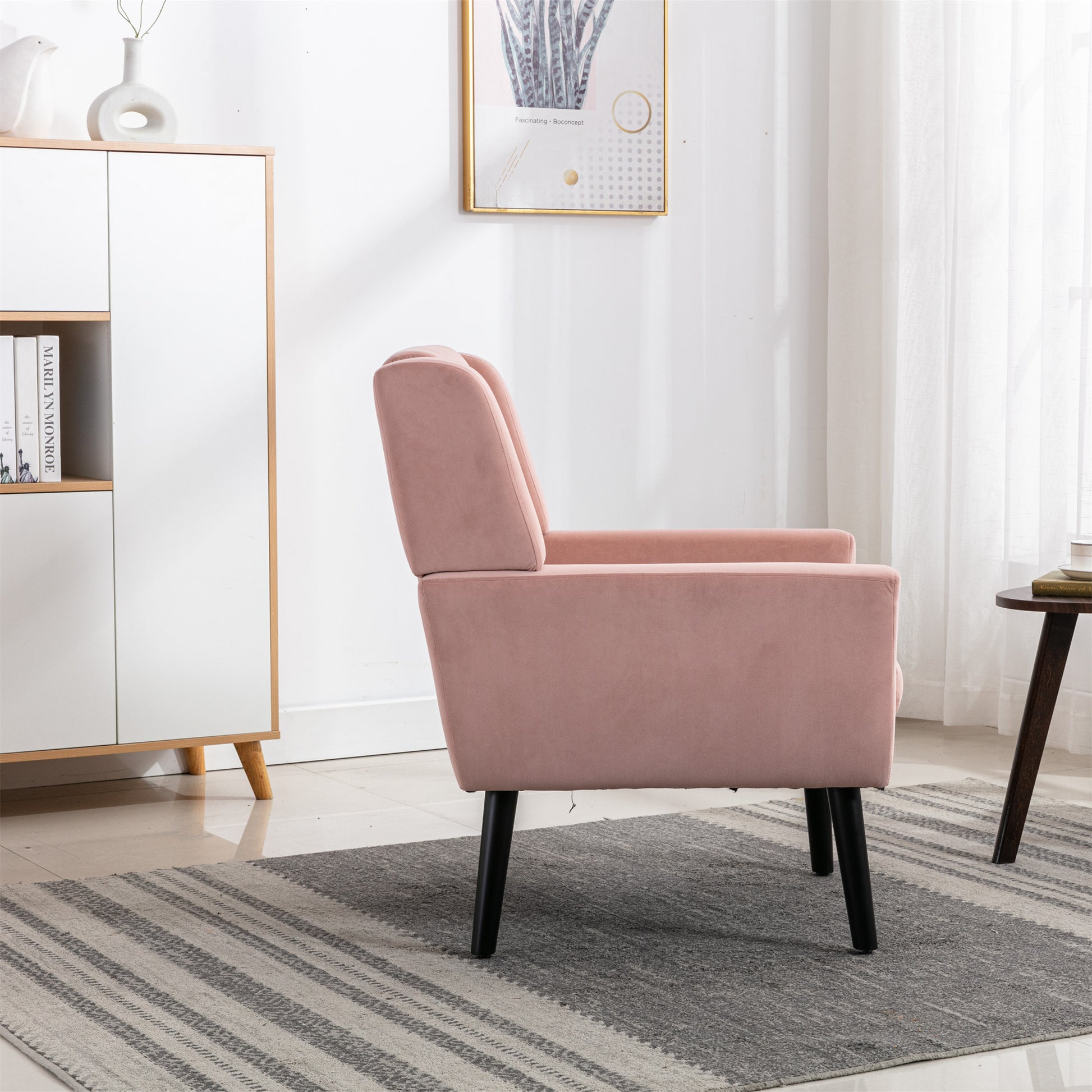 Modern Soft Velvet Material Ergonomics Accent Chair Living Room Chair Bedroom Chair Home Chair With Black Legs For Indoor Home Pink Foam Upholstered