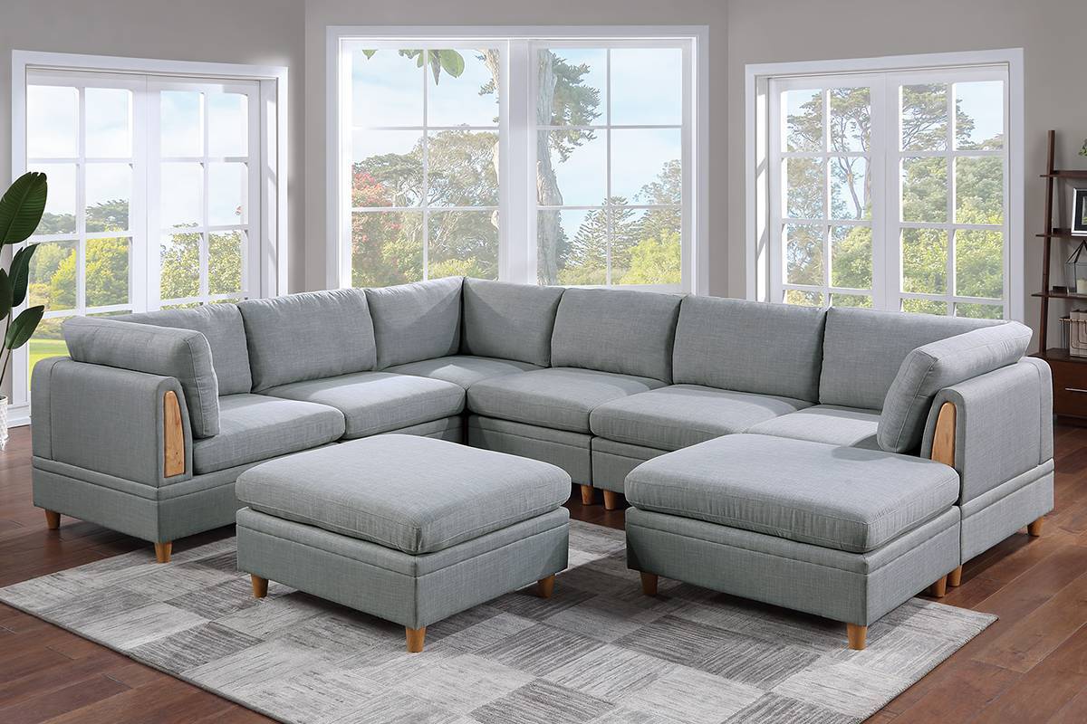 Living Room Furniture 8Pc Sectional Sofa Set Light Grey Dorris Fabric Couch 3X Wedges 3X Armless Chair And 2X Ottomans Light Grey Primary Living Space Cushion Back Contemporary,Modern Modular Fabric 8 Seat