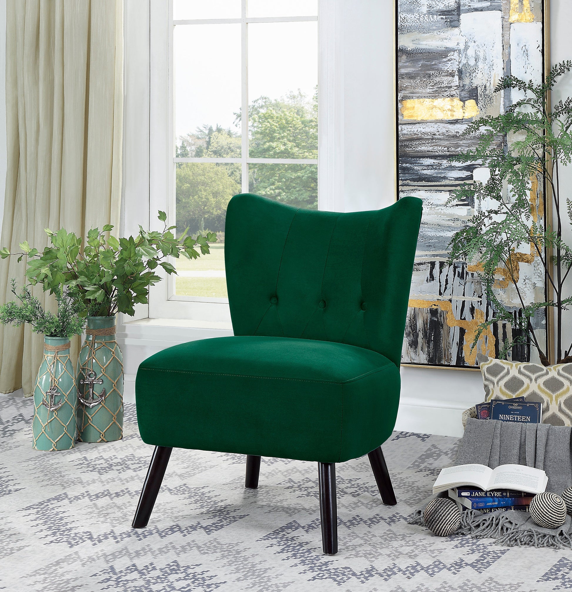 Unique Style Green Velvet Covering Accent Chair Button Tufted Back Bro