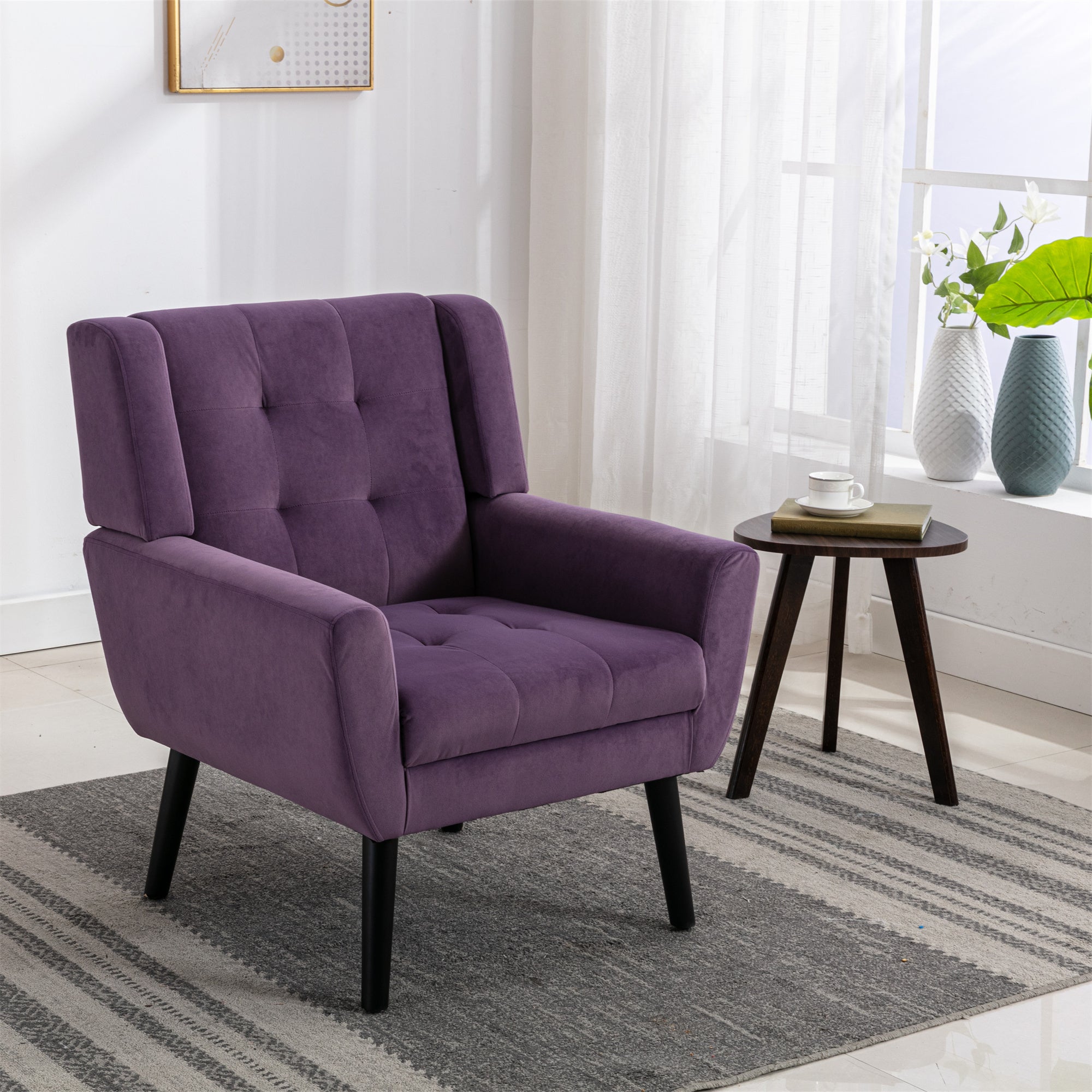 Modern Soft Velvet Material Ergonomics Accent Chair Living Room Chair Bedroom Chair Home Chair With Black Legs For Indoor Home Lavender Purple Foam Upholstered