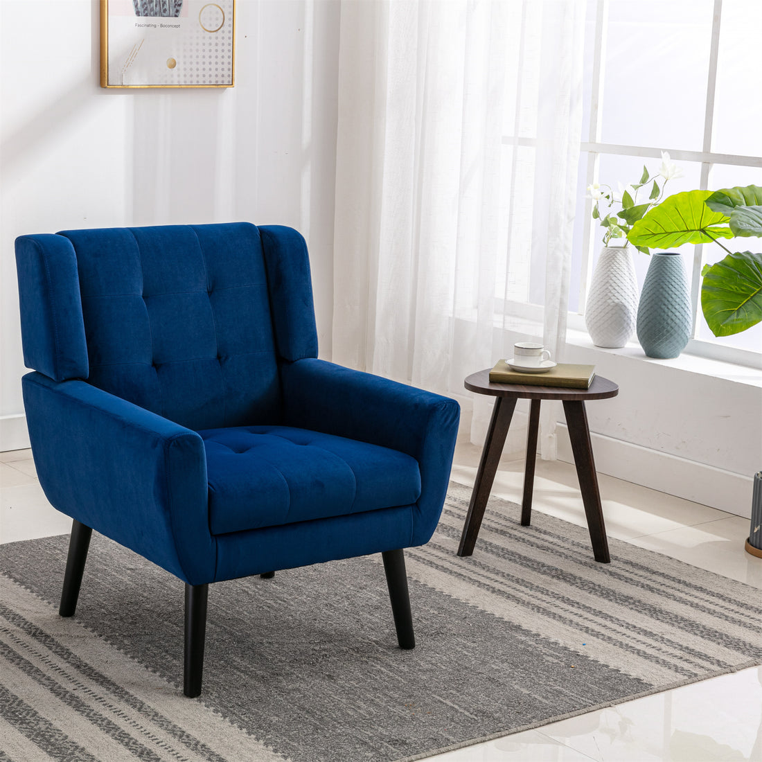 Modern Soft Velvet Material Ergonomics Accent Chair Living Room Chair Bedroom Chair Home Chair With Black Legs For Indoor Home Blue Foam Upholstered