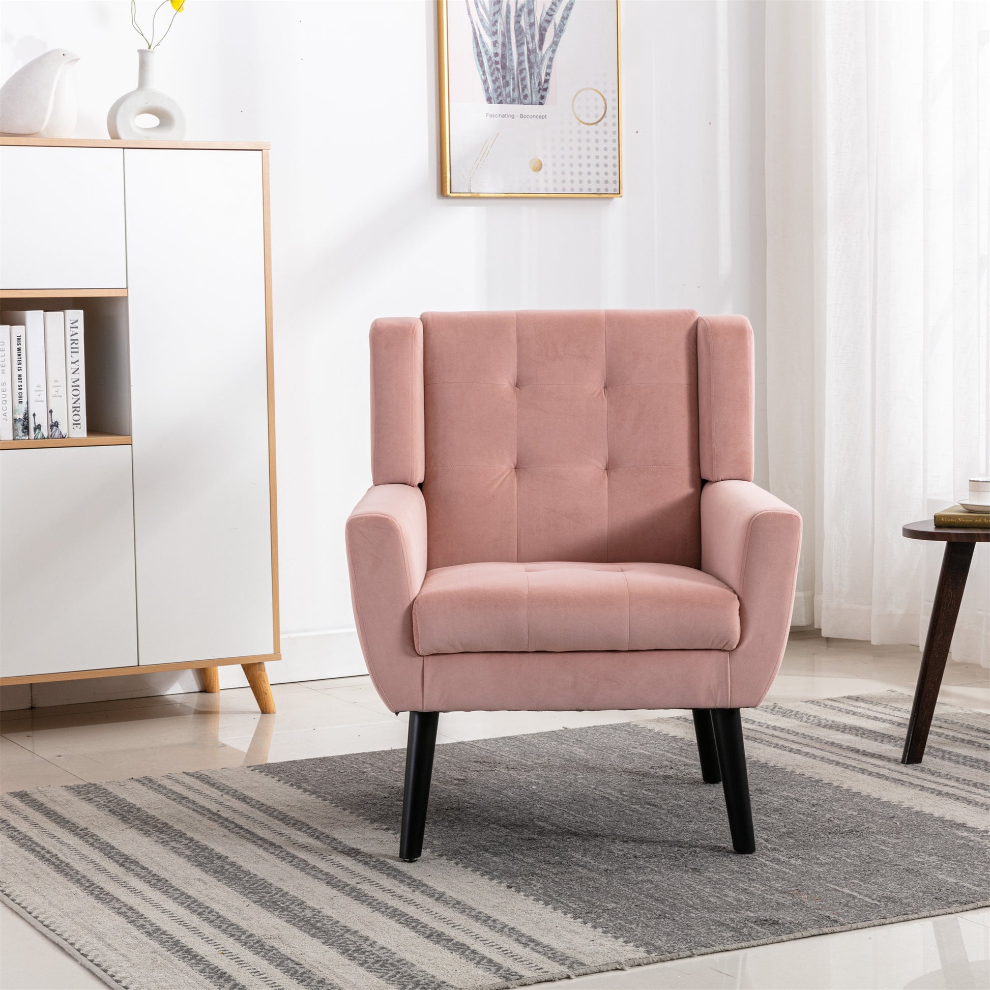 Modern Soft Velvet Material Ergonomics Accent Chair Living Room Chair Bedroom Chair Home Chair With Black Legs For Indoor Home Pink Foam Upholstered