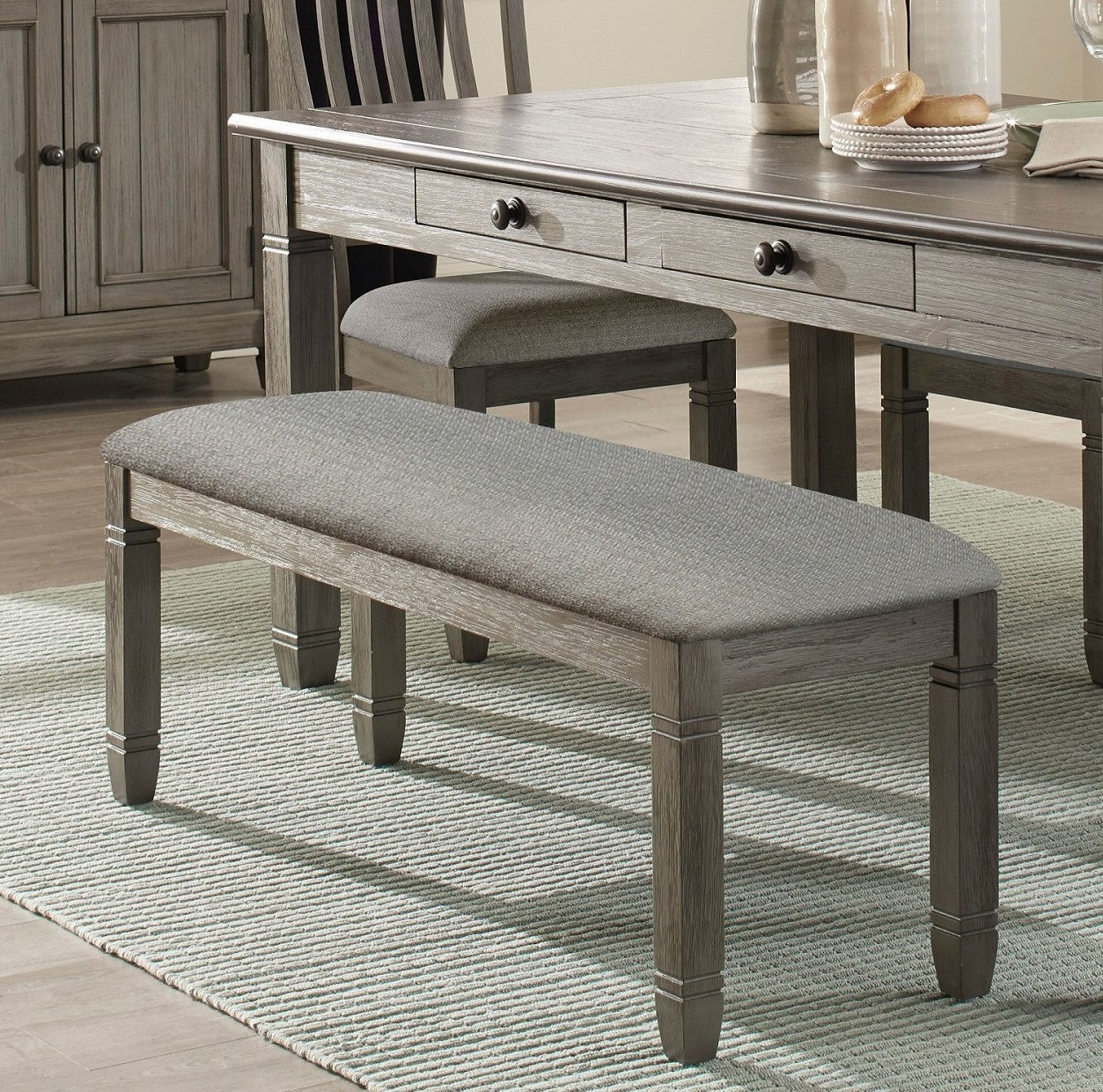 Wood Frame Dining Bench 1Pc Antique Gray Finish Frame With Neutral Tone Gray Fabric Seat Antique Gray Dining Room Wood