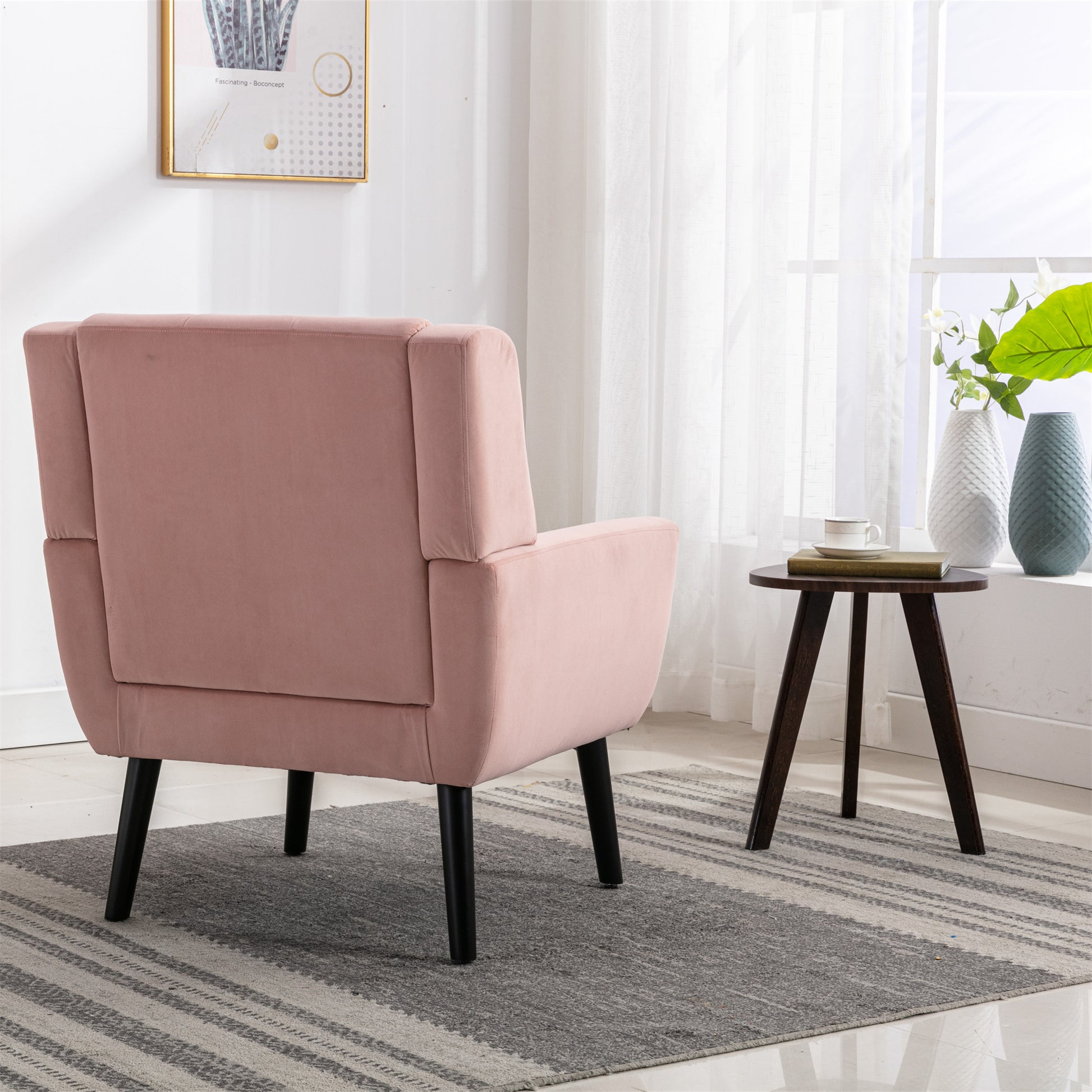 Modern Soft Velvet Material Ergonomics Accent Chair Living Room Chair Bedroom Chair Home Chair With Black Legs For Indoor Home Pink Foam Upholstered