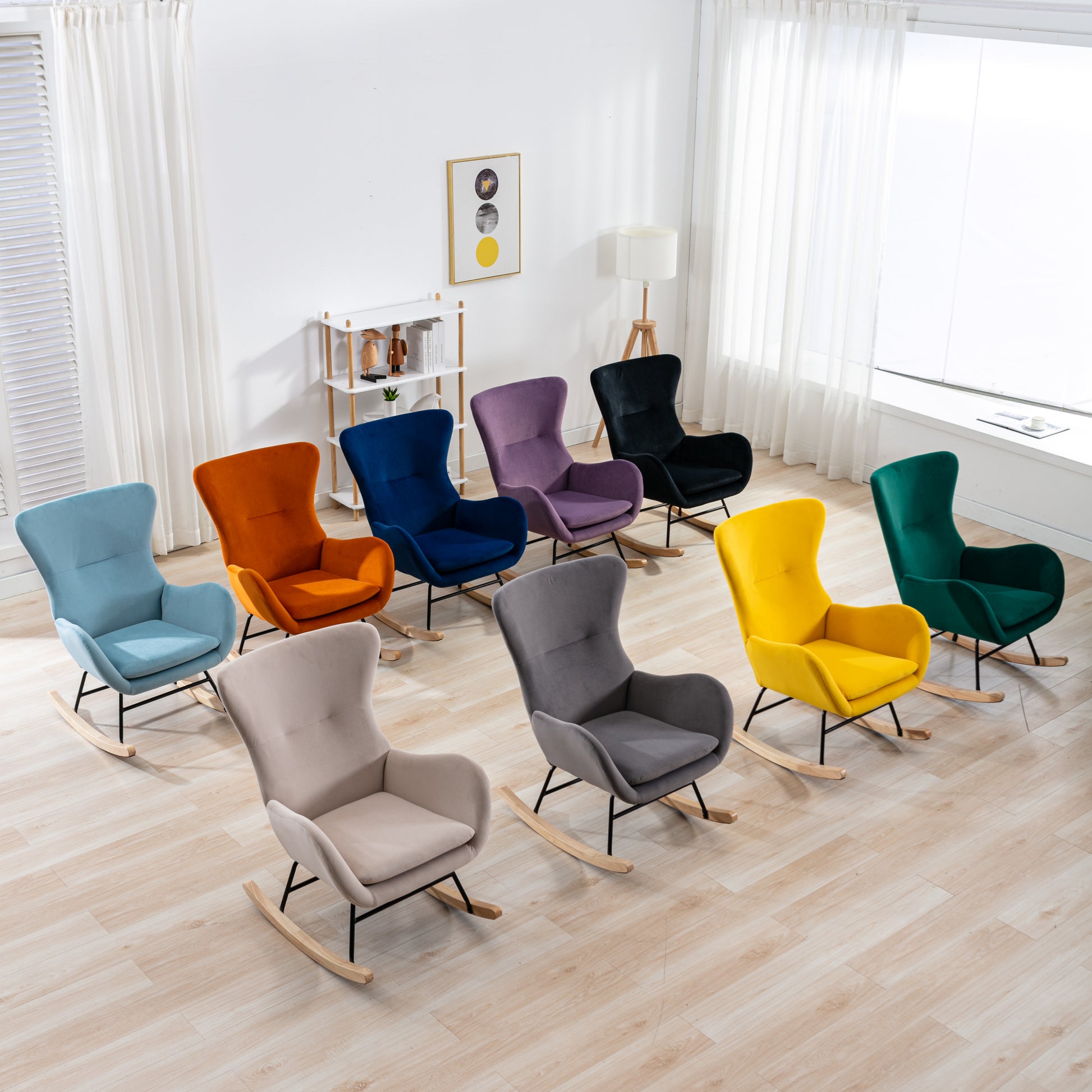 Velvet Fabric Padded Seat Rocking Chair With High Backrest And Armrests Purple Foam Upholstered