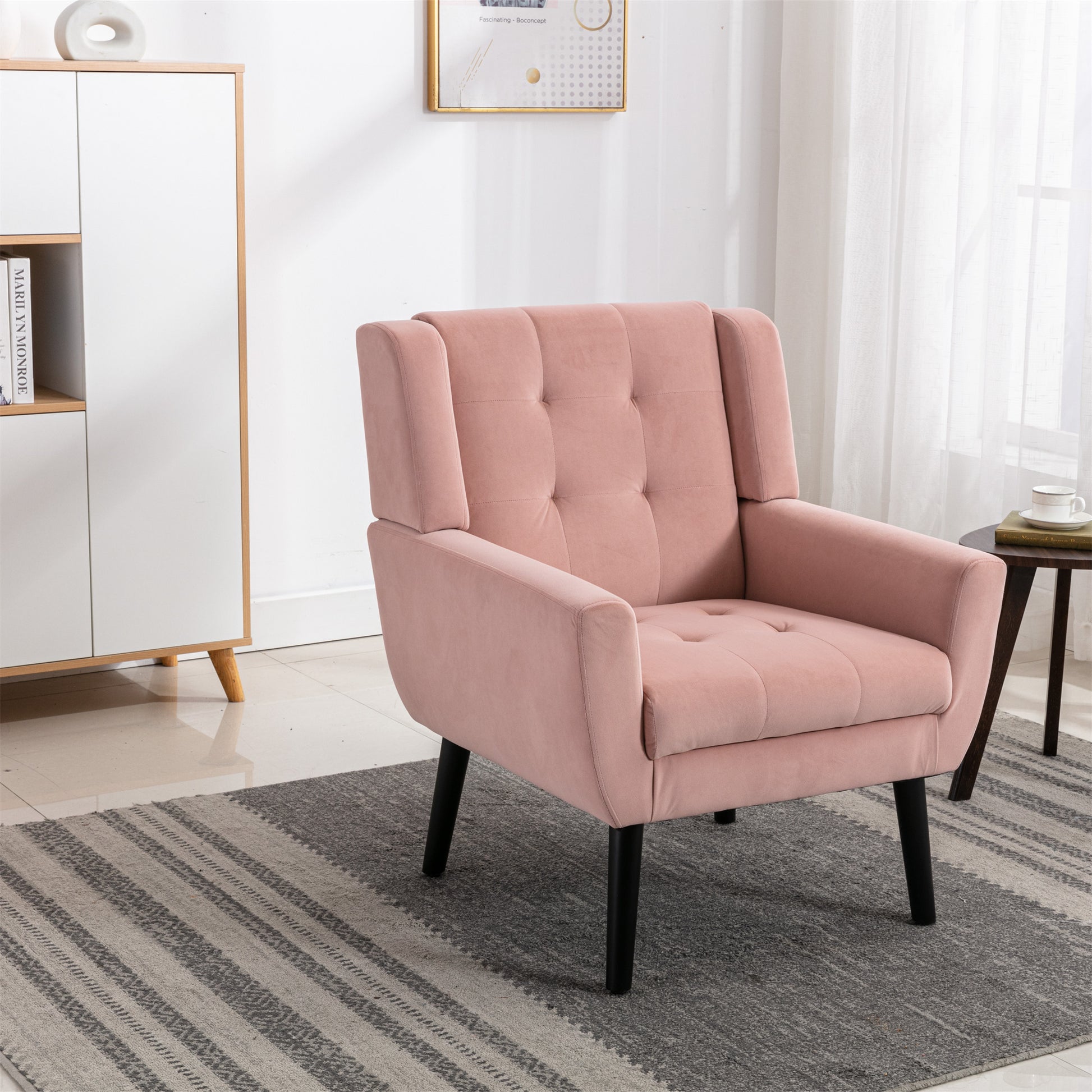 Modern Soft Velvet Material Ergonomics Accent Chair Living Room Chair Bedroom Chair Home Chair With Black Legs For Indoor Home Pink Foam Upholstered