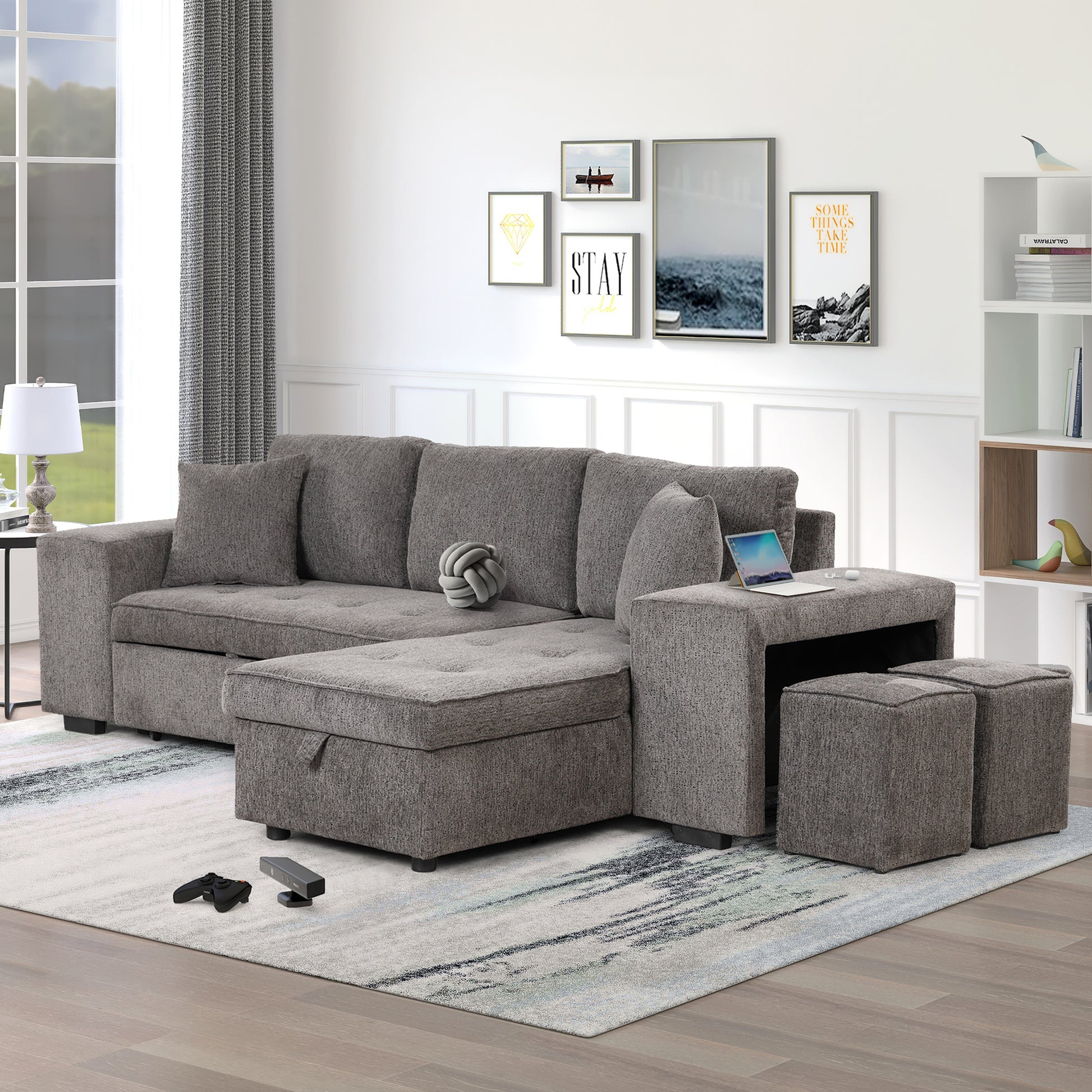Modern L Shape Seat Reversible Sectional Couch, Pull Out Slee