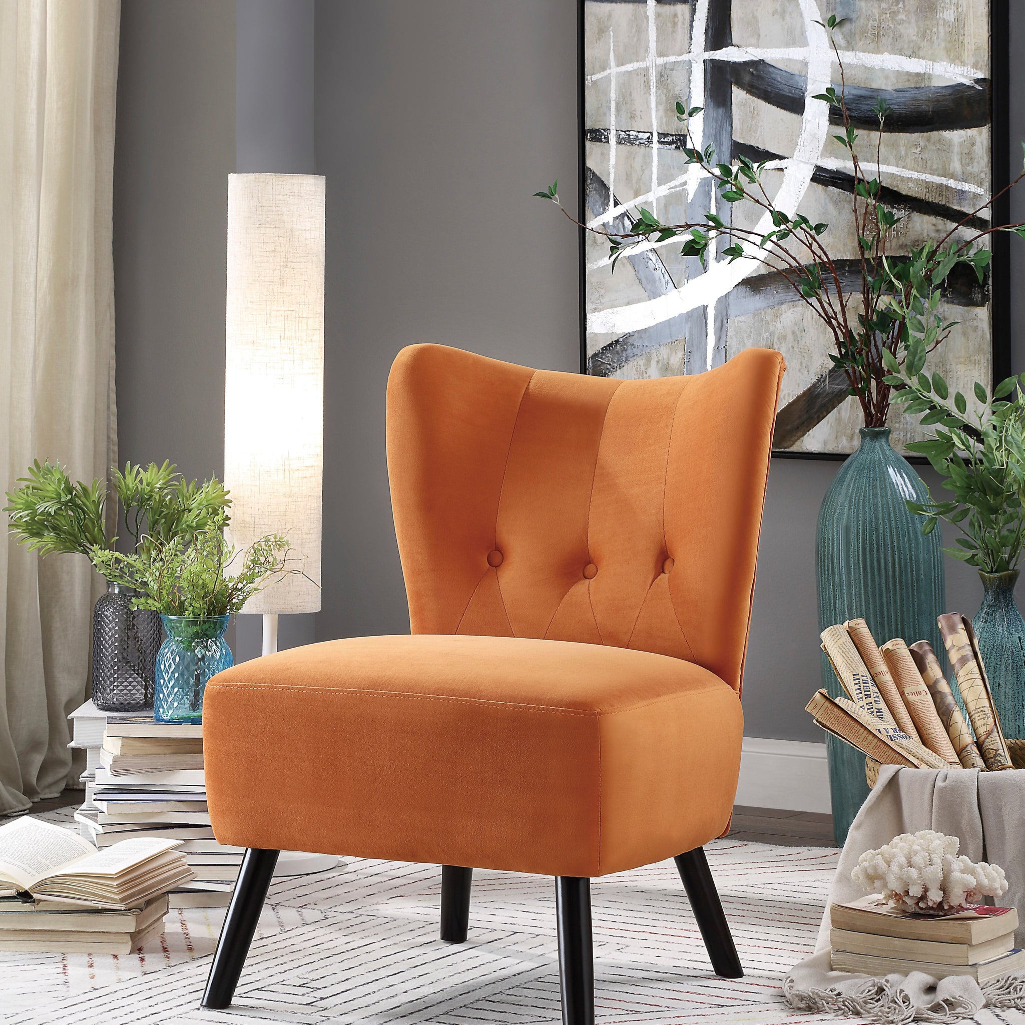 Unique Style Orange Velvet Covering Accent Chair Button Tufted Back Brown Finish Wood Legs Modern Home Furniture Orange Primary Living Space Modern,Retro Solid Wood