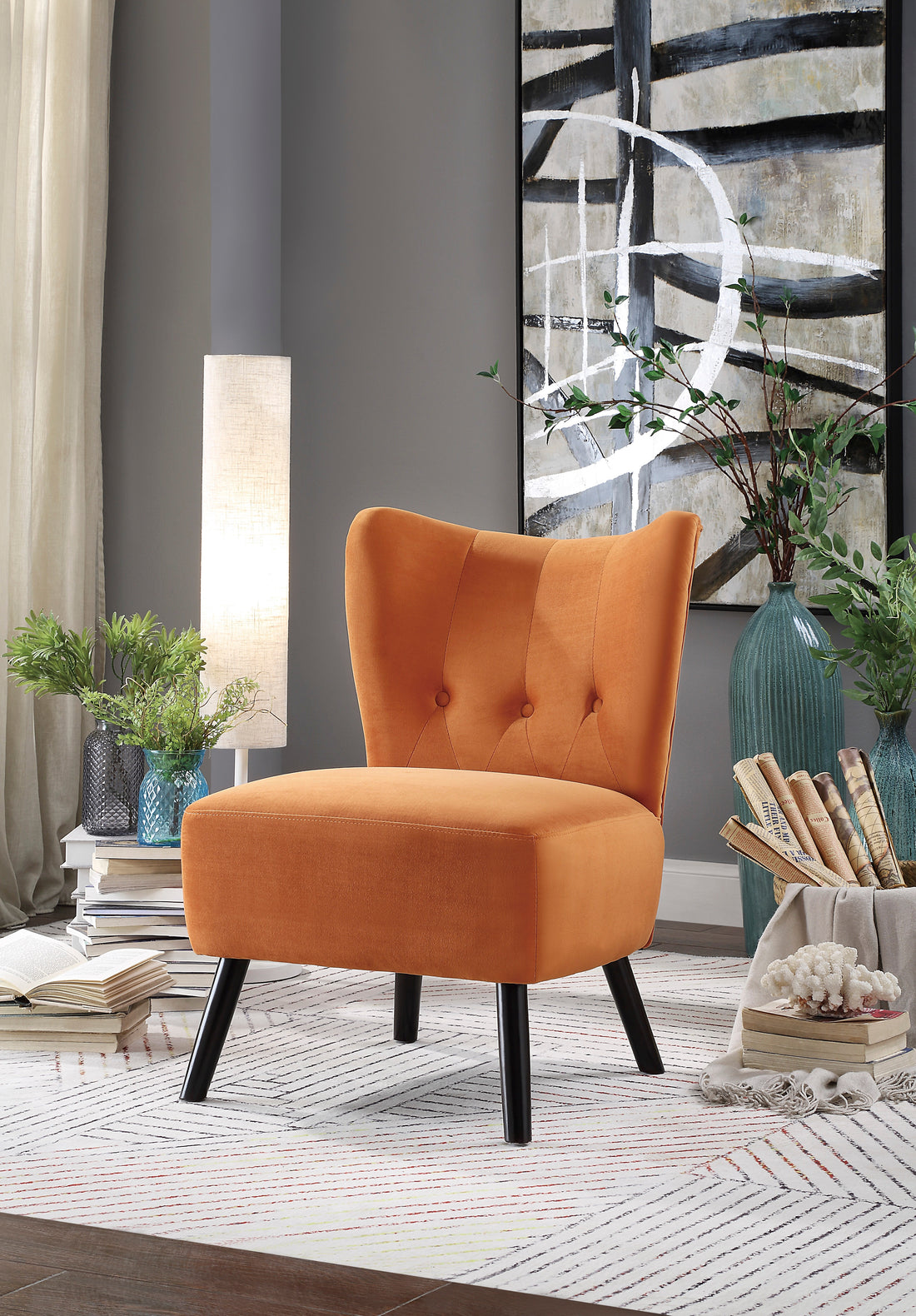 Unique Style Orange Velvet Covering Accent Chair Button Tufted Back Brown Finish Wood Legs Modern Home Furniture Orange Primary Living Space Modern,Retro Solid Wood