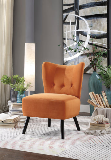 Unique Style Orange Velvet Covering Accent Chair Button Tufted Back Brown Finish Wood Legs Modern Home Furniture Orange Primary Living Space Modern,Retro Solid Wood