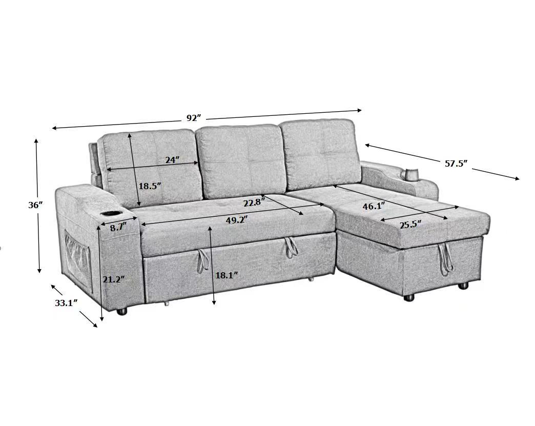 Right facing sectional sofa with footrest, convertible gray-foam-fabric