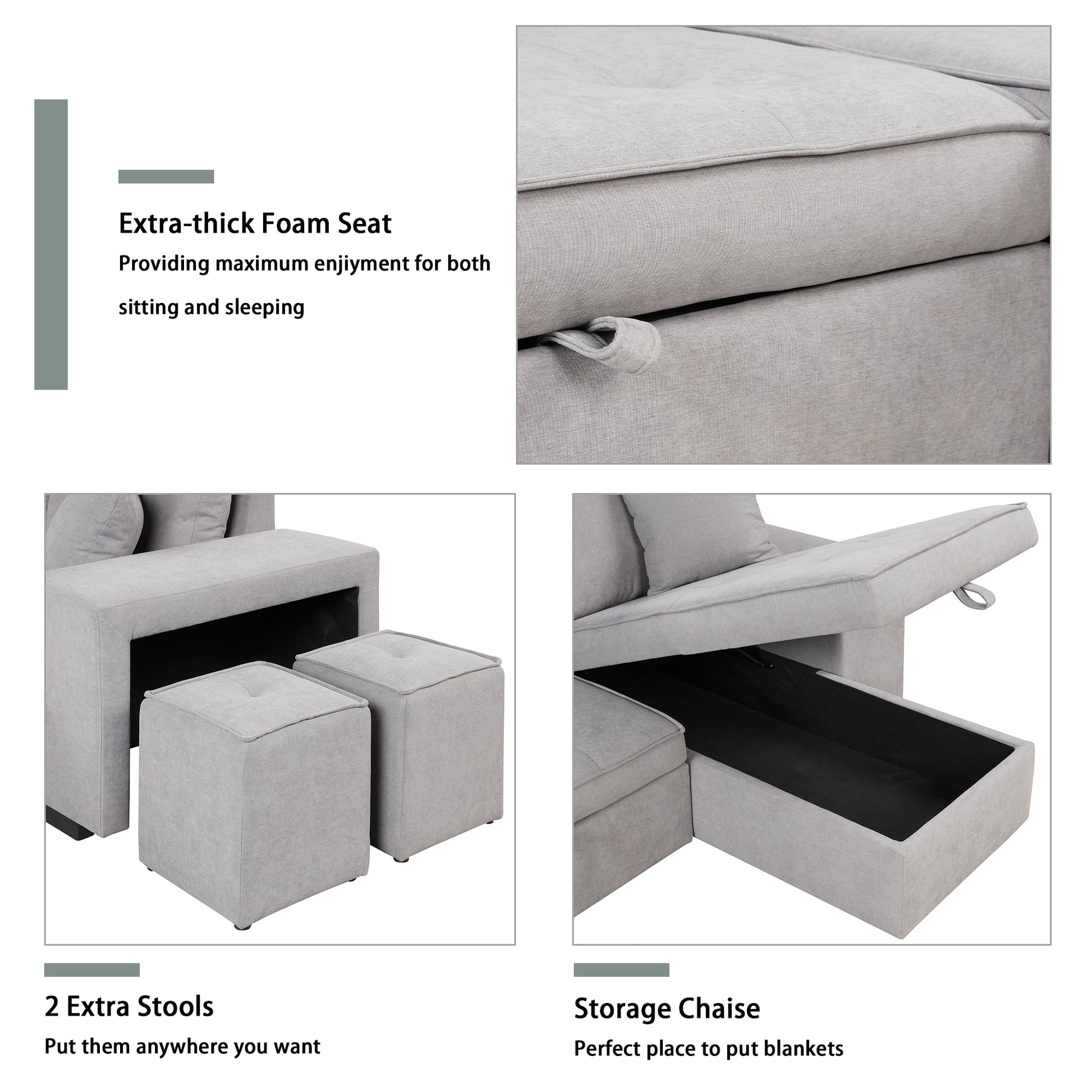 104.5" Pull Out Sleeper Sofa Reversible L Shape 3 Seat Sectional Couch With Storage Chaise And 2 Stools For Living Room Furniture Set,Gray Gray Foam Linen 3 Seat