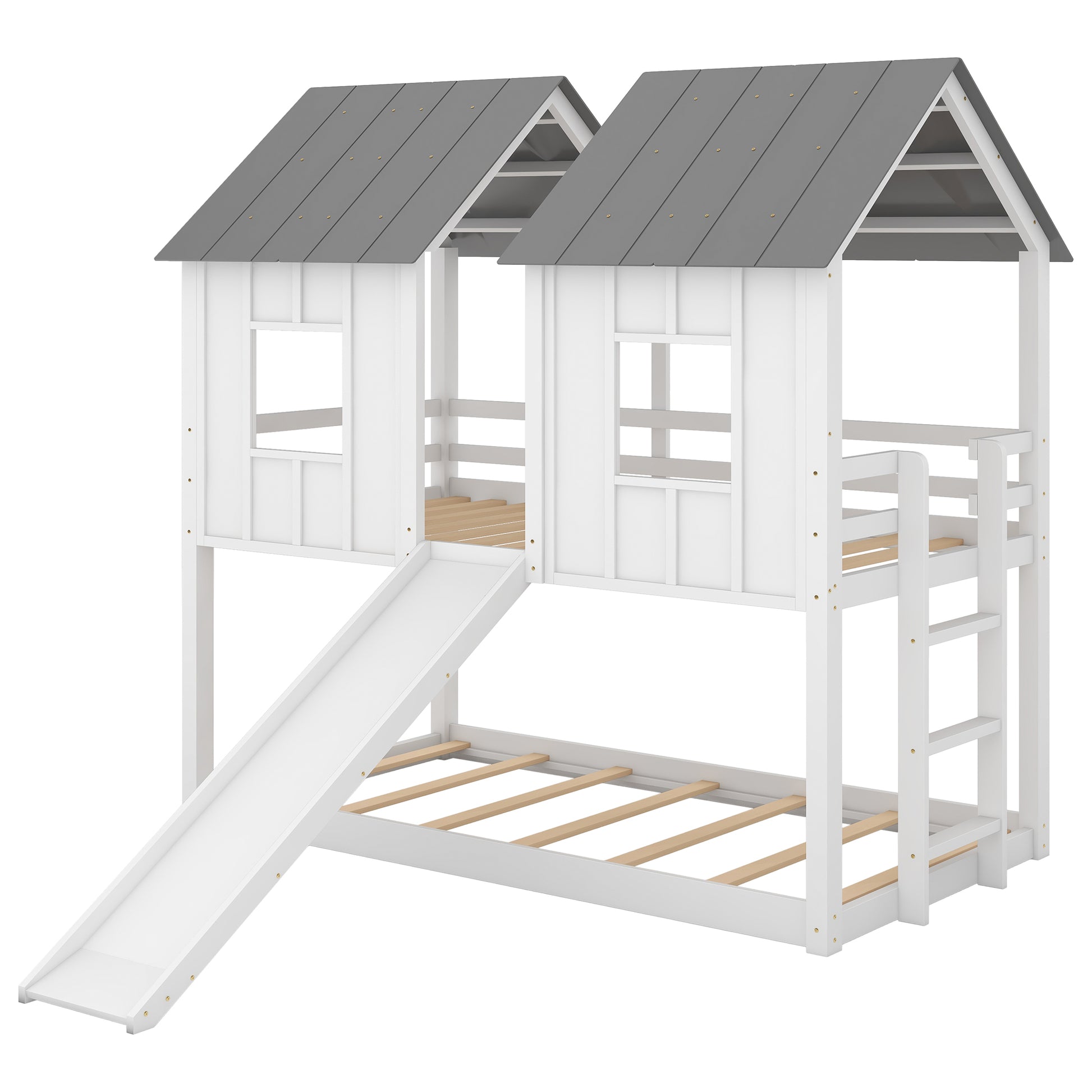 Twin Over Twin House Bunk Bed With Slide And Windows,White Old Sku:Gx000920Aak 1 White Pine
