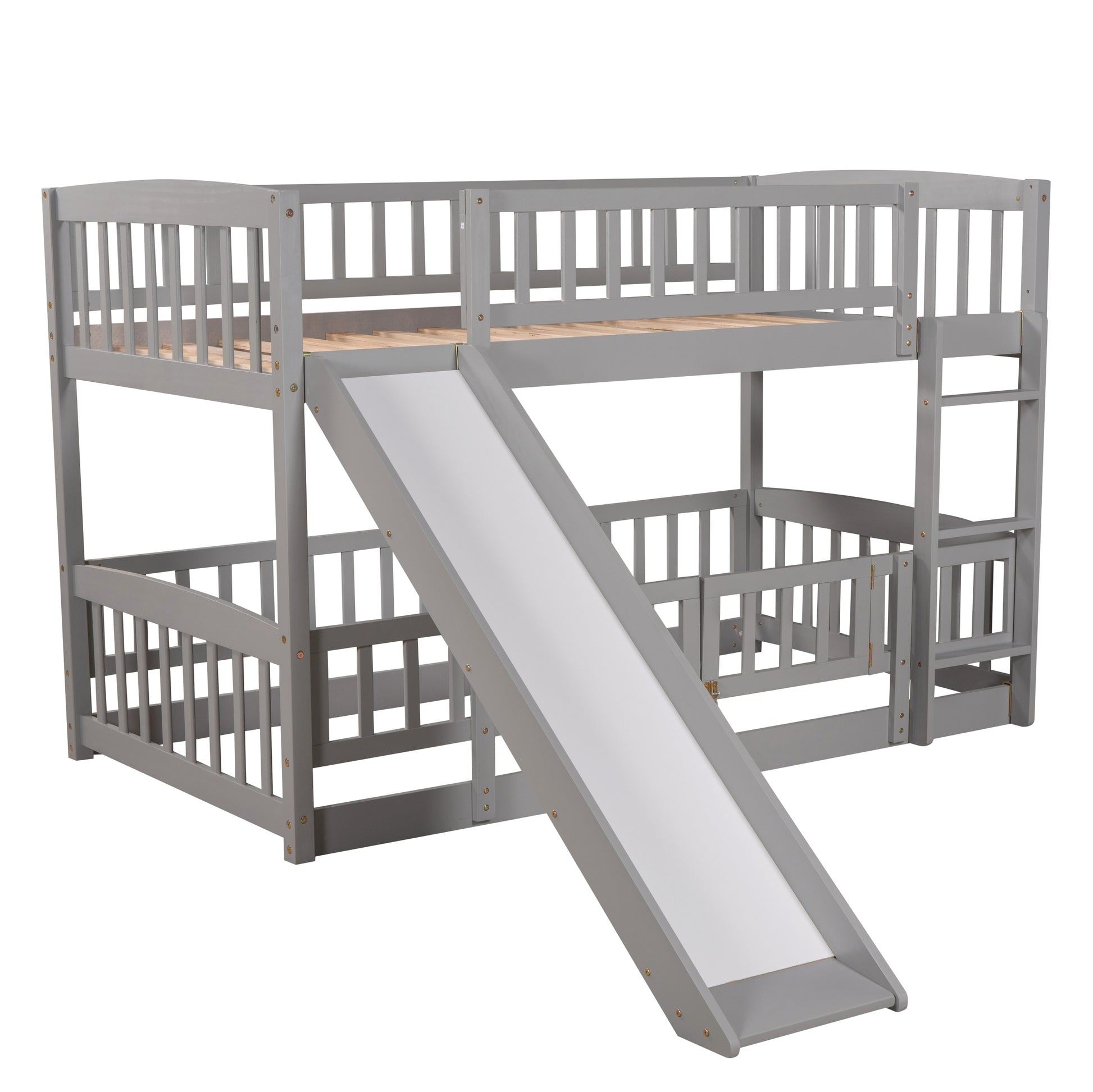 Bunk Bed with Slide,Twin Over Twin Low Bunk Bed with grey-solid wood