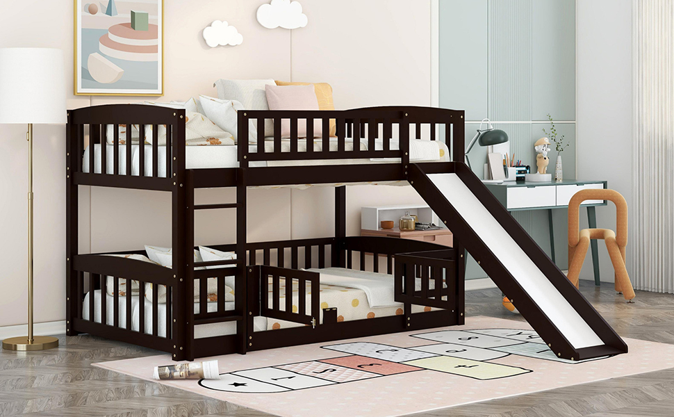 Bunk Bed with Slide,Twin Over Twin Low Bunk Bed with espresso-solid wood